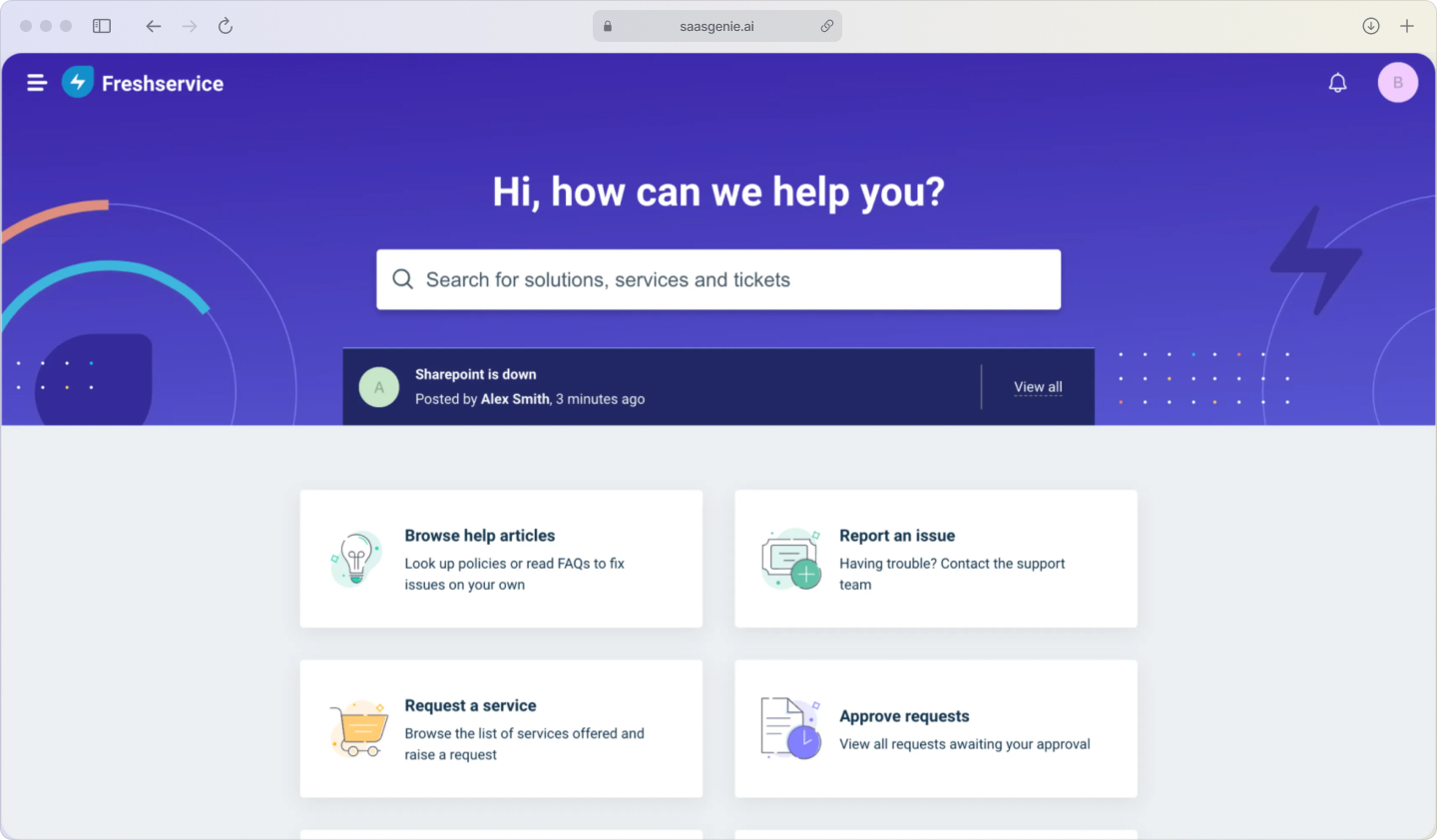 Catalog tiles for common requests like New Hire, Access Request, Purchase Request, Room Booking.