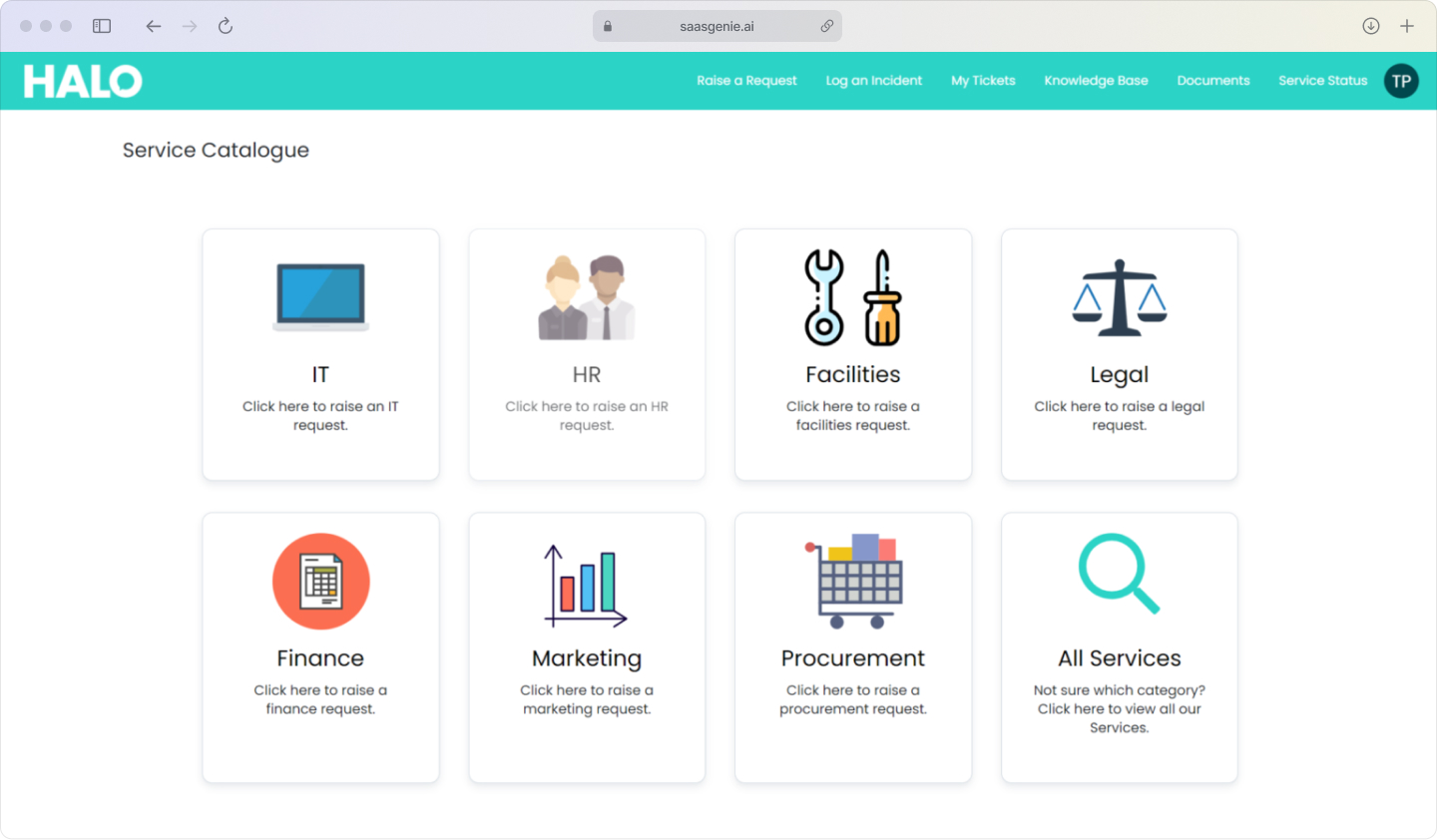 Unified portal with global search and department tiles for IT, HR, Facilities, Finance, Legal.