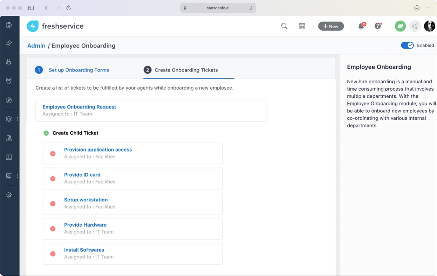 Approval flow from HR to IT to Facilities with automated notifications and SLA checkpoints.