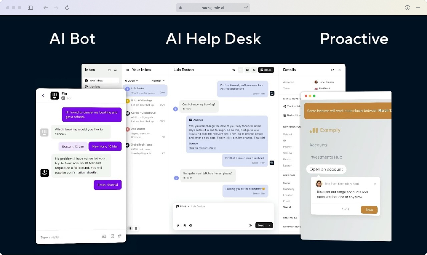 A mockup of an AI chatbot conversation where the bot greets the user by name and references their account plan and recent support ticket, demonstrating context-aware personalization.