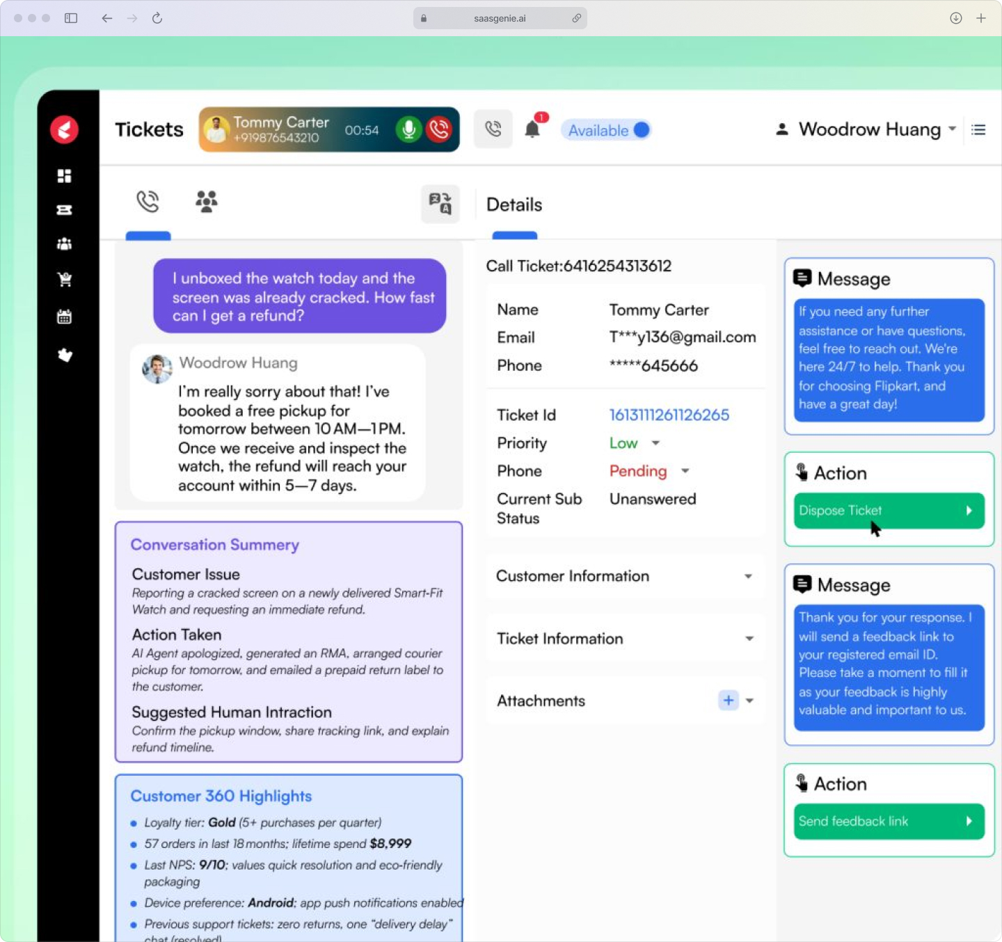 Screenshot of a CX platform's AI assistant showing sentiment analysis, an AI-generated conversation summary, and a suggested reply for a support agent. 