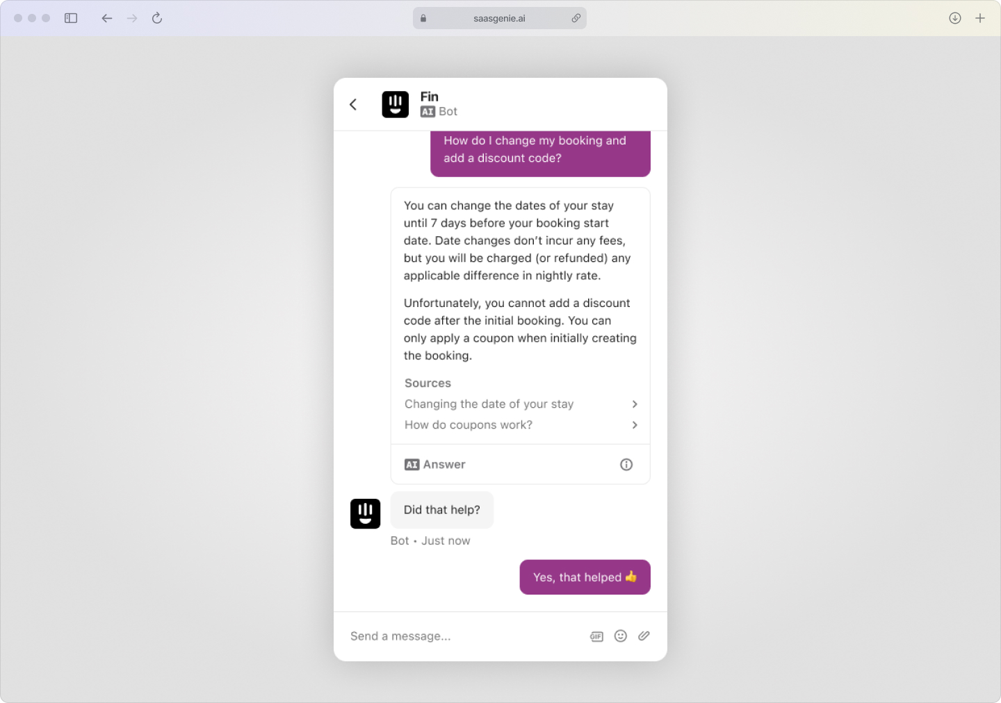Screenshot of the Intercom conversational inbox showing an AI chatbot assisting a customer.