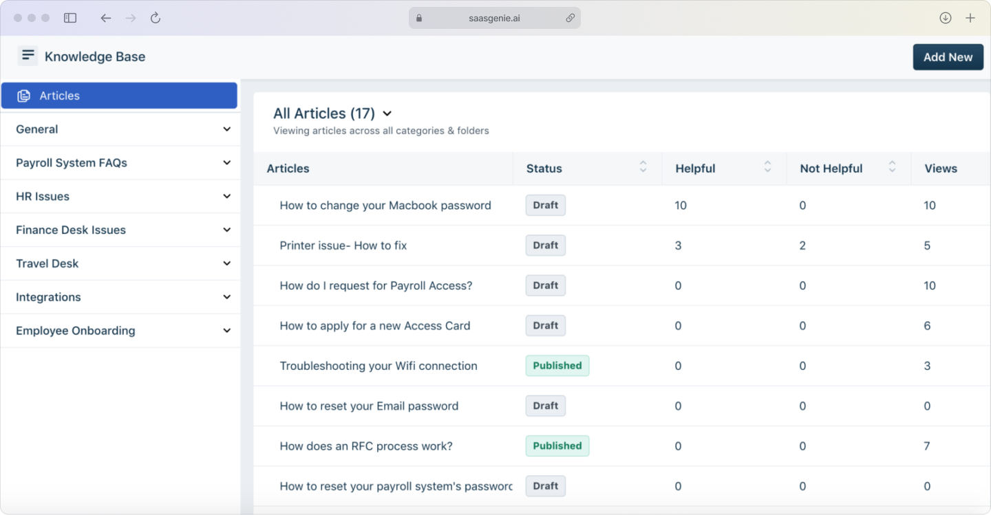 Freshservice Knowledge Base home page displaying organized categories, search functionality, and featured articles.