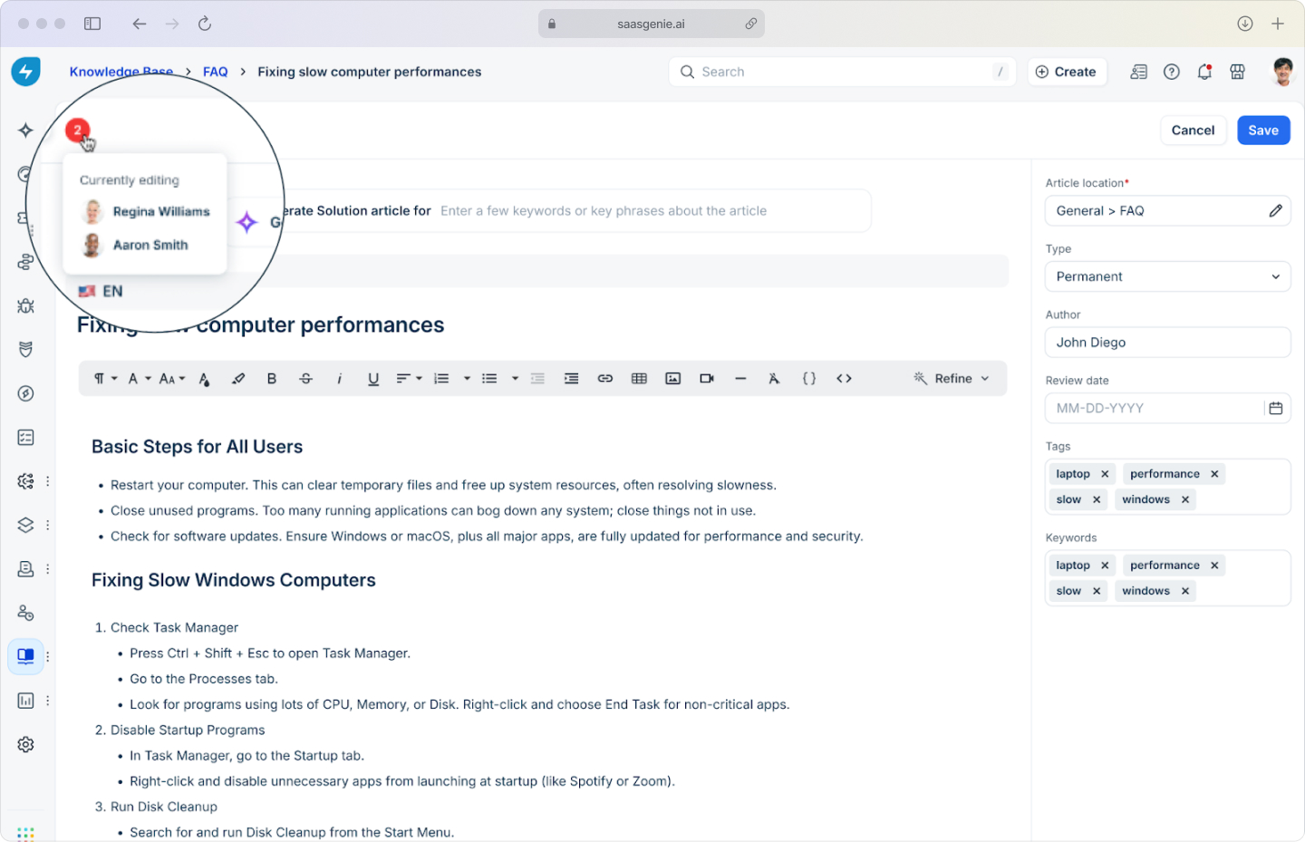 Freshservice WYSIWYG article editor with formatting toolbar, content area, and live preview functionality.