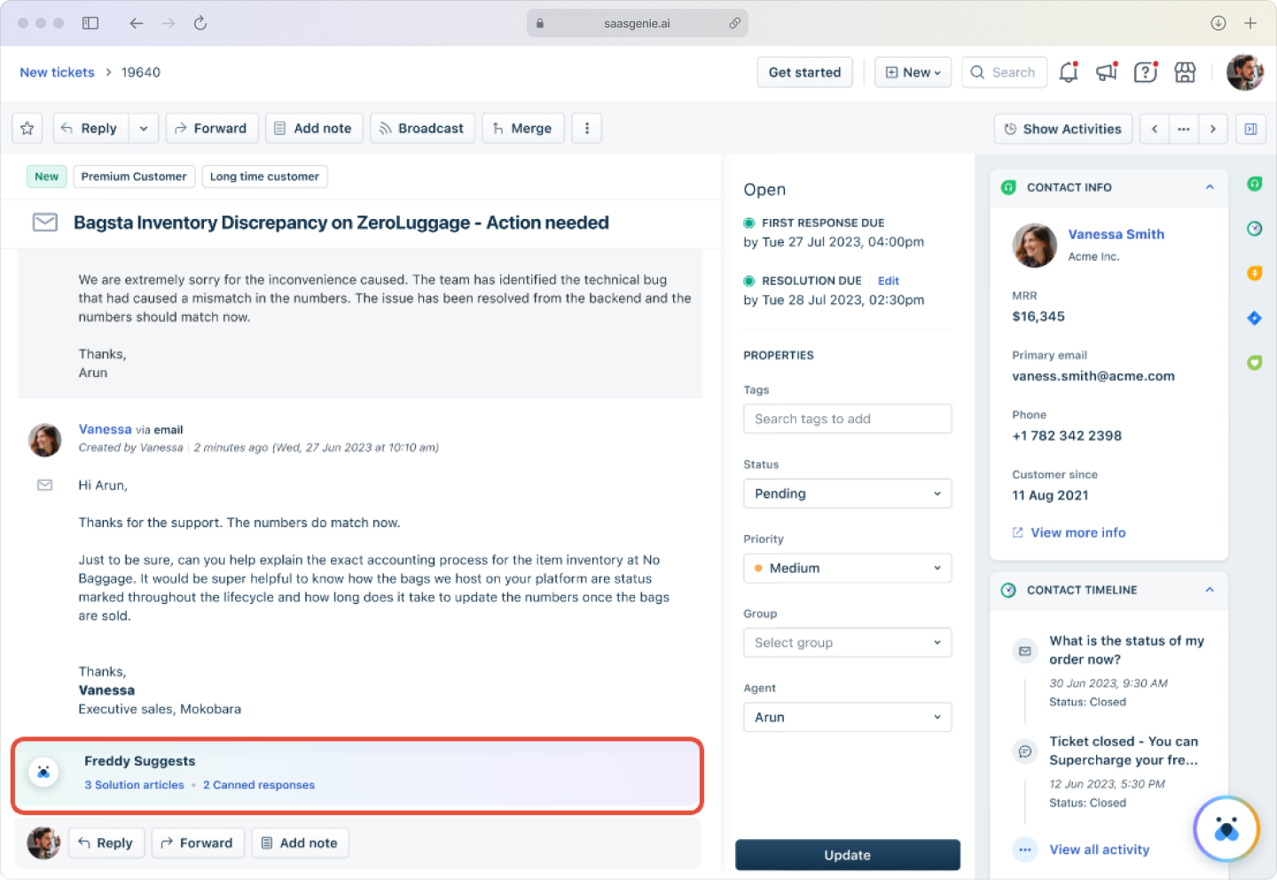Freddy AI automatically suggests relevant knowledge base articles based on ticket content in Freshservice.