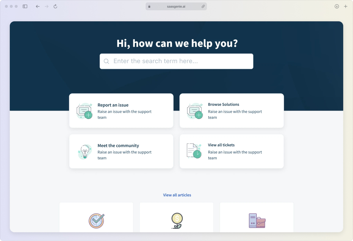 Freshservice employee self-service portal displaying search functionality, category navigation, and popular knowledge articles.