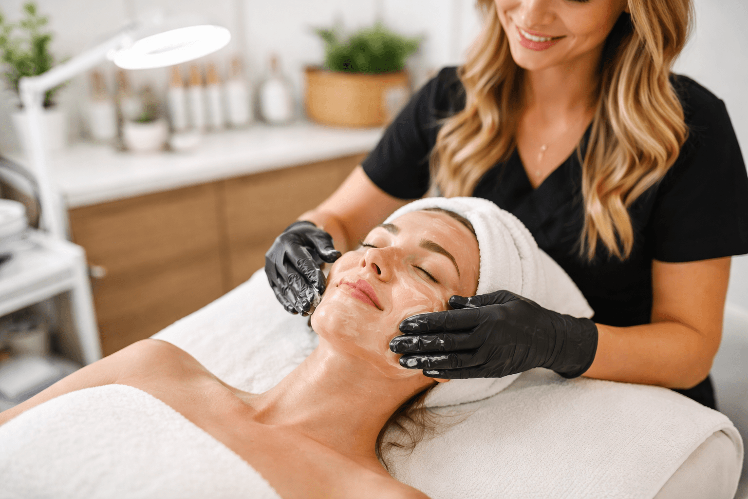Licensed aesthetician performing a professional facial treatment in Queen Creek, Arizona skincare studio