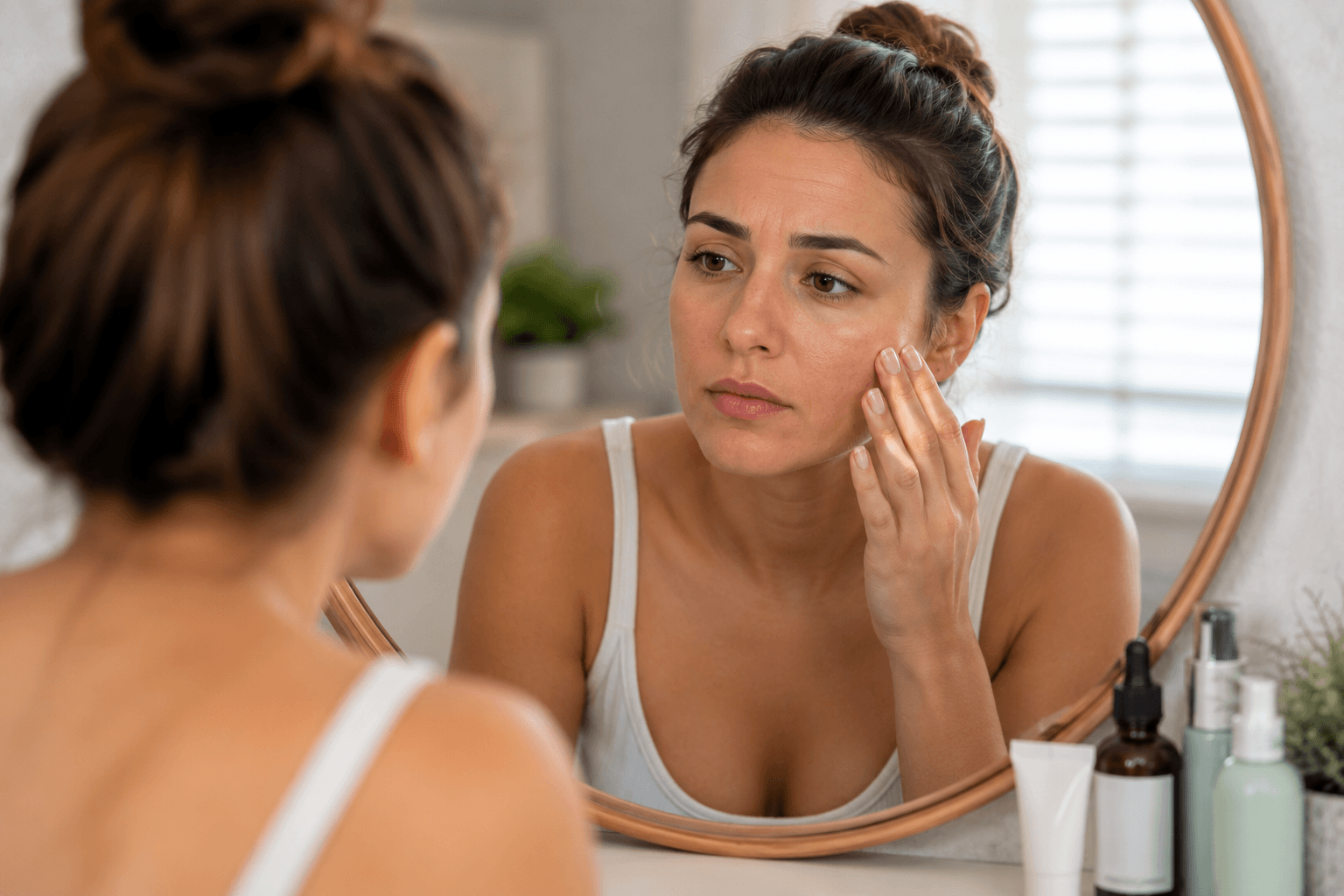 Woman in her thirties checking early fine lines before starting anti aging treatments in Queen Creek, Arizona