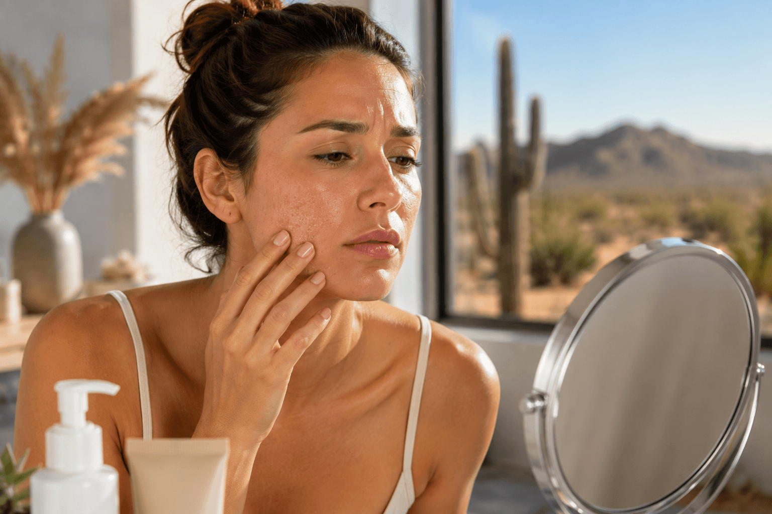 Dehydrated, dull skin before a HydraFacial treatment in the dry desert climate of Queen Creek, Arizona