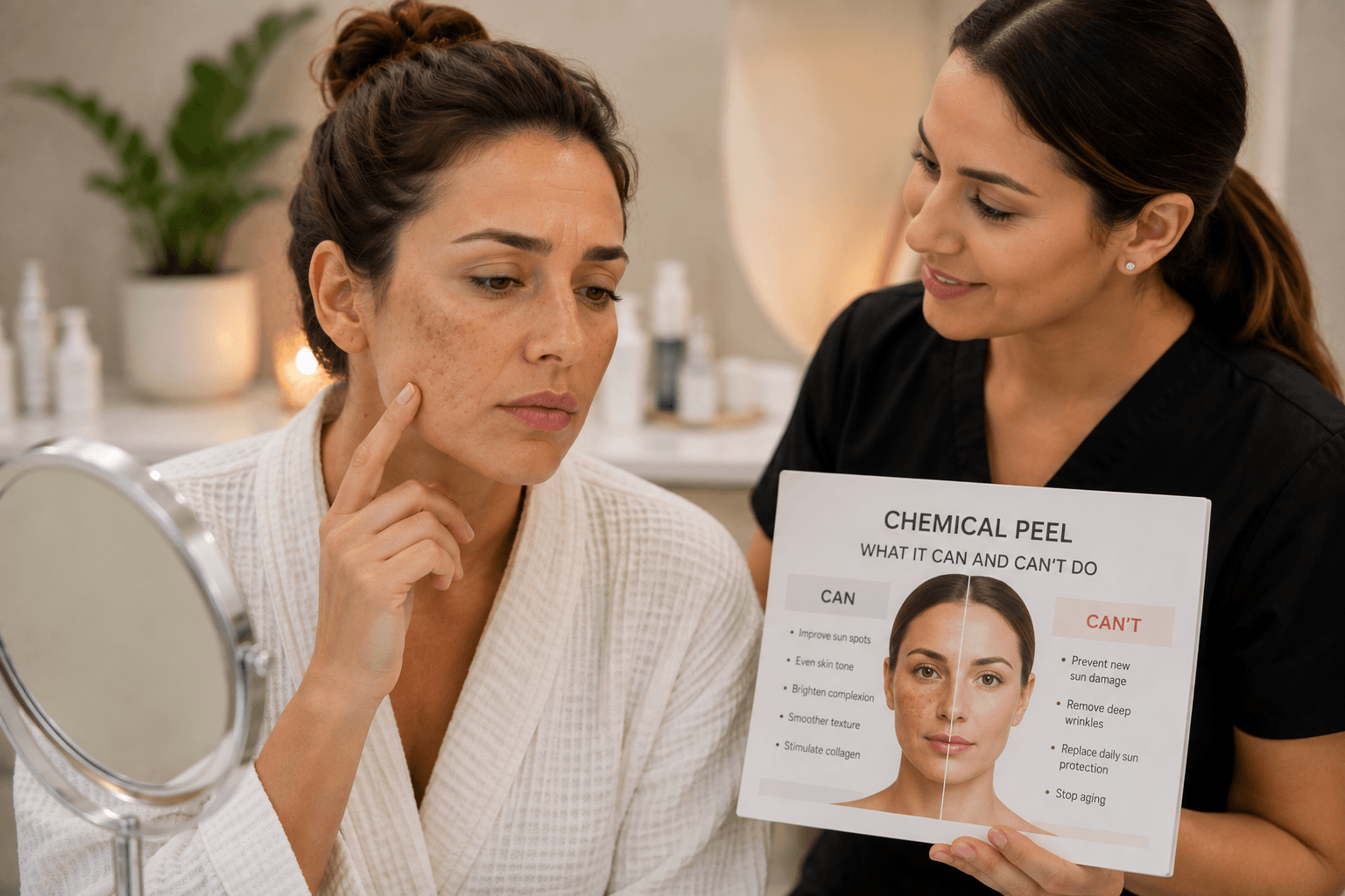 Woman with sun spots and uneven skin tone receiving a chemical peel treatment in Queen Creek, Arizona