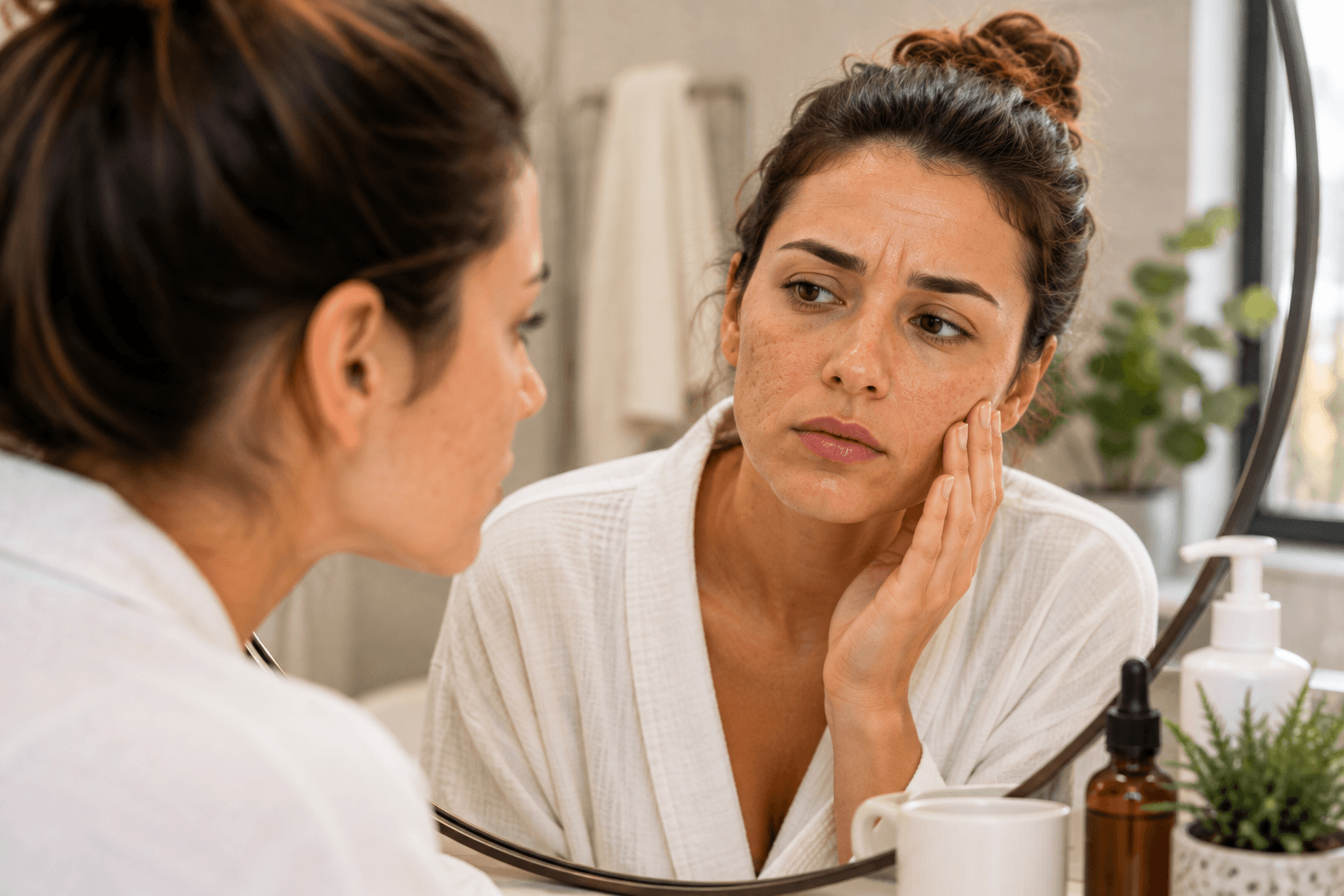 Esthetician examining a client's congested skin before a professional facial in Queen Creek, Arizona