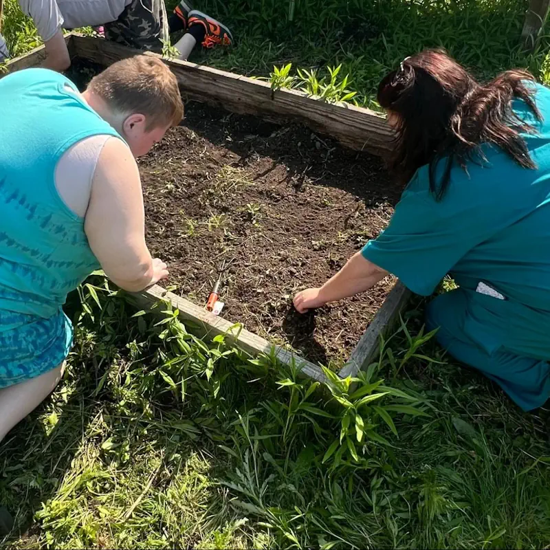 Two individuals kneeling and tending to plants in a wooden raised garden bed on a grassy area, engaging in outdoor gardening under sunny weather.
