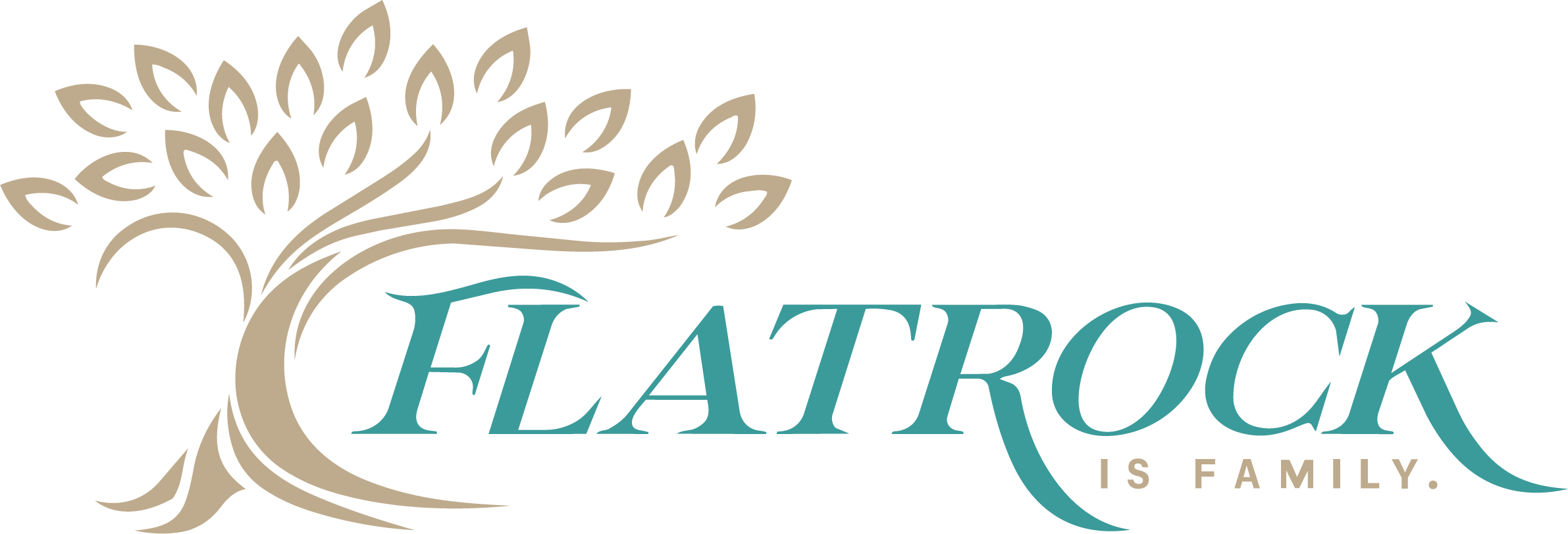 Logo with a stylized brown tree and the word FLATROCK in teal script on a cream background.