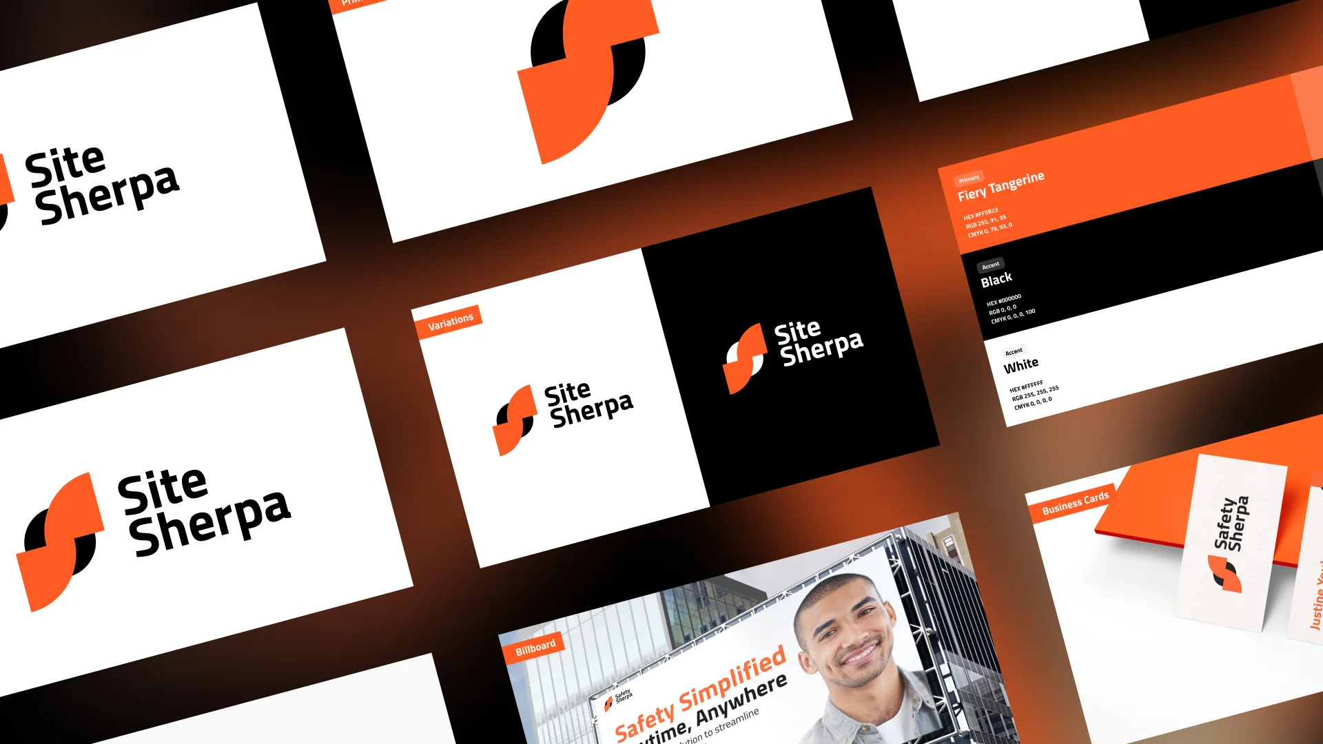 Brand identity showcase for SiteSherpa featuring logo, colours, business cards, and visual assets.