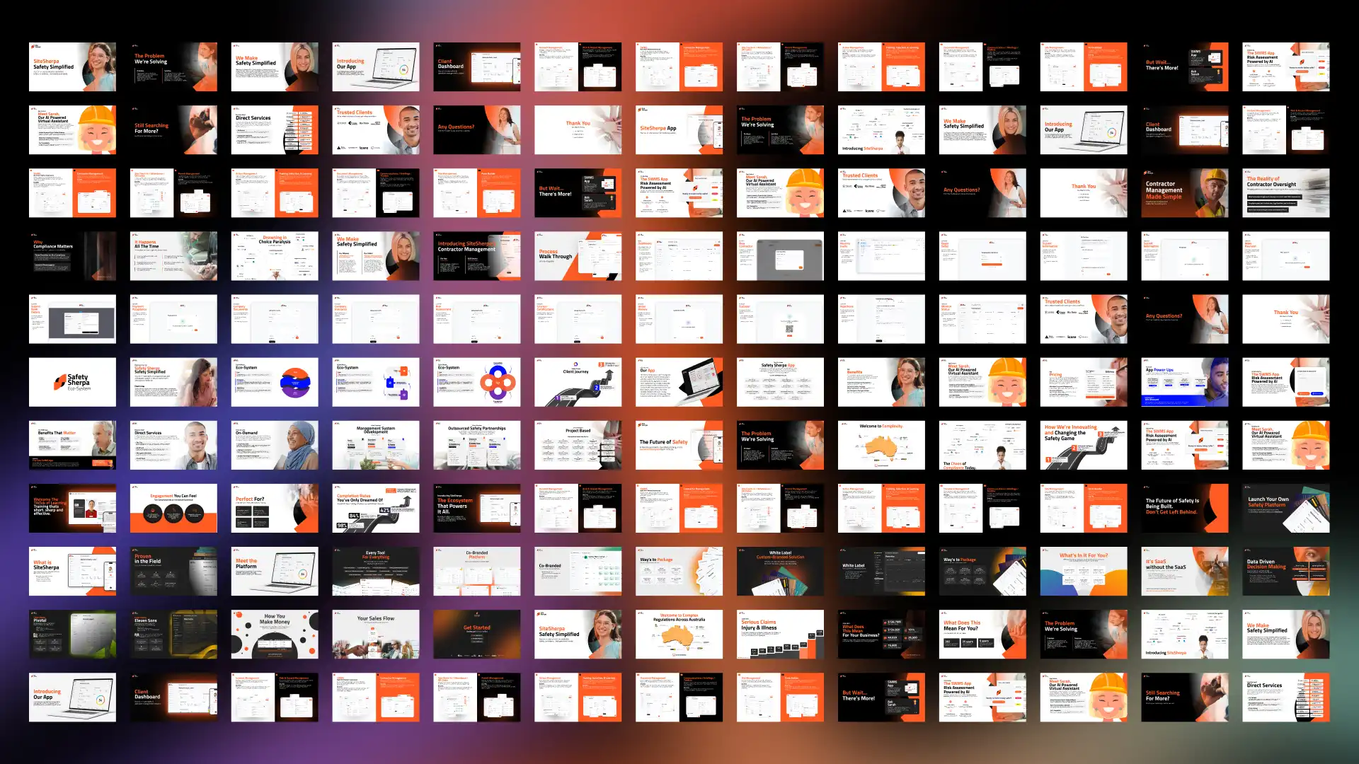 Comprehensive pitch deck slides for SiteSherpa highlighting services, clients, and platform tools.