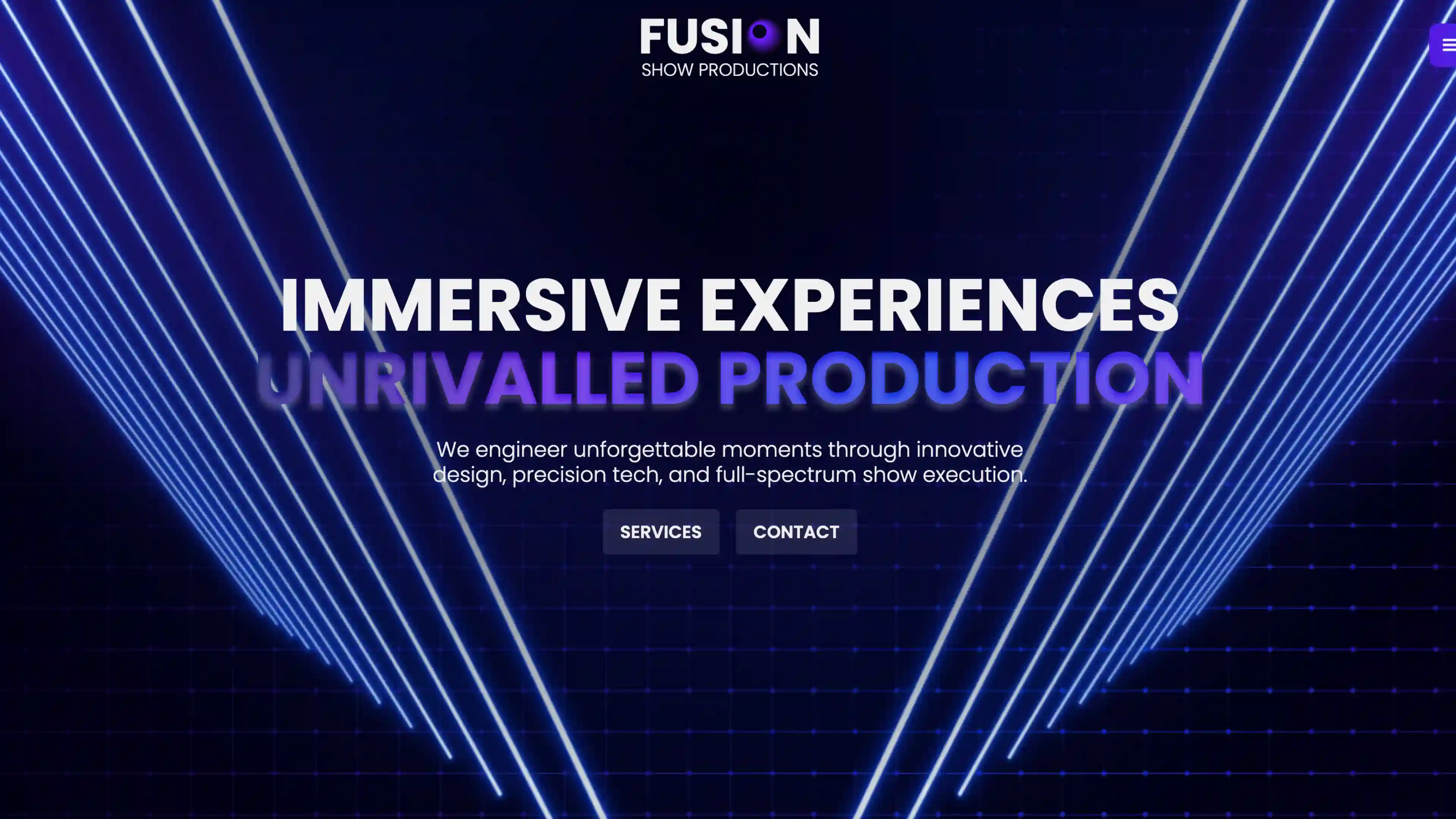 Hero section of Fusion Show Productions website featuring the tagline 'Immersive Experiences, Unrivalled Production' with glowing diagonal light lines and bold typography."