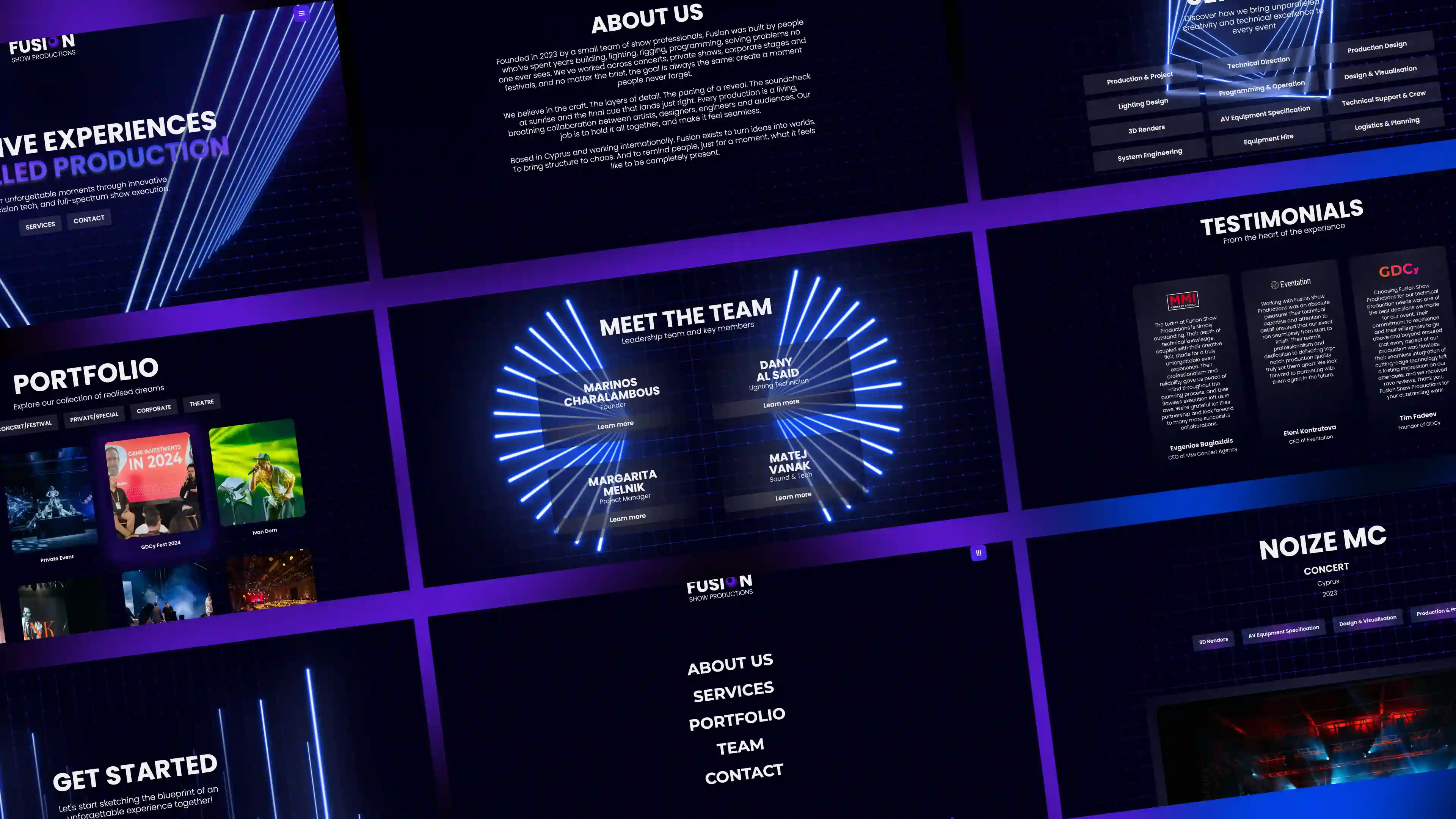 Full scroll-through of Fusion Show Productions website design including portfolio, team section, testimonials, and immersive visual effects.