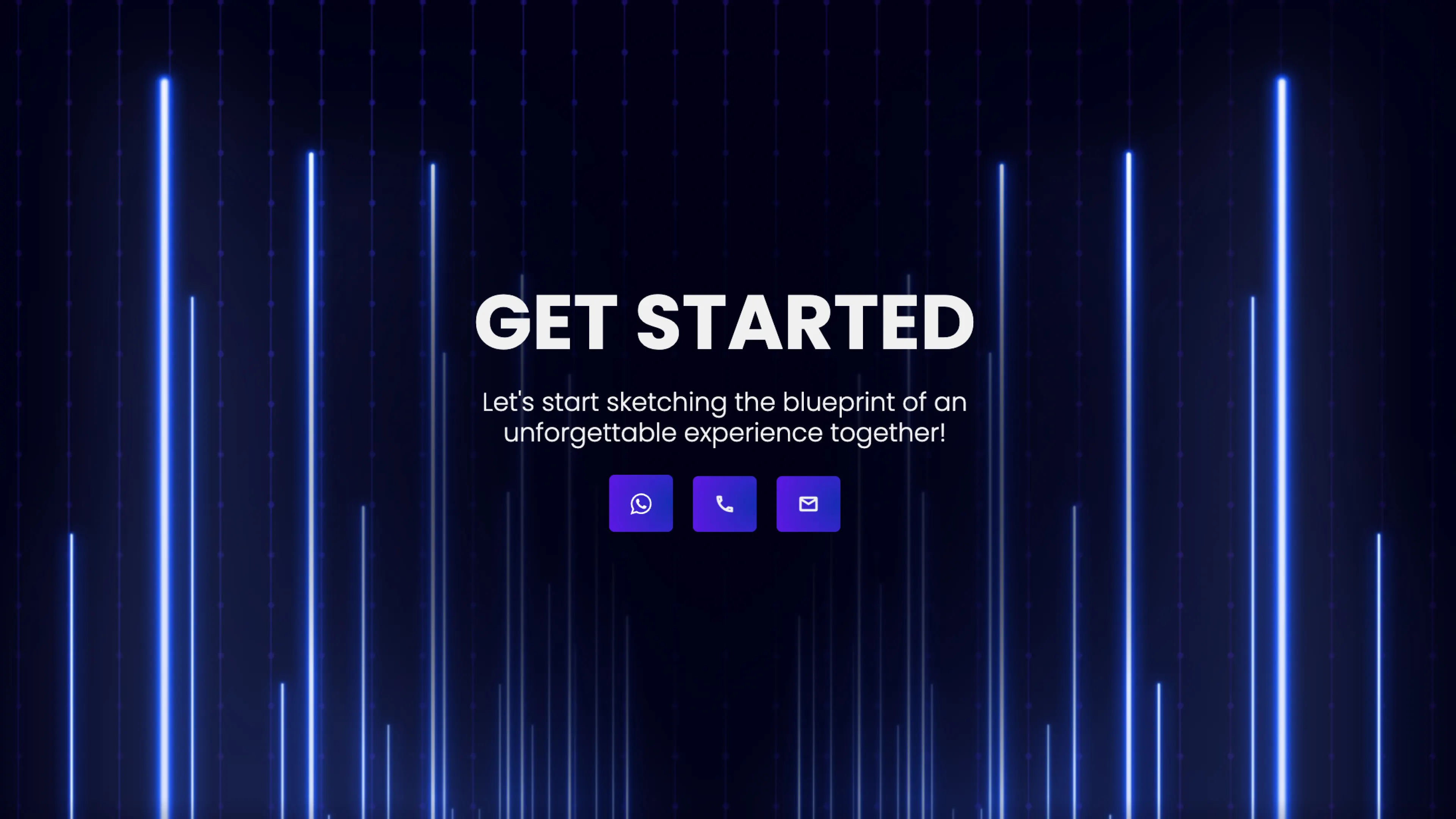 Fusion Show Productions website call-to-action screen with glowing vertical light beams and bold 'Get Started' messaging encouraging user engagement.