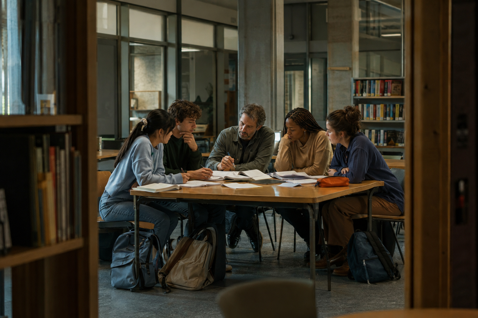 A college educator and students building ideas together in a studio