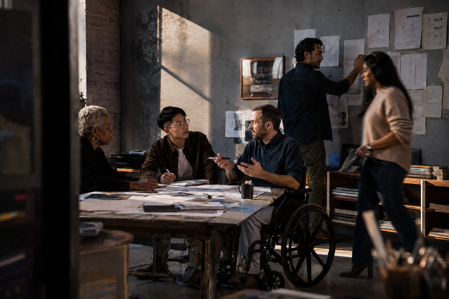 An inclusive enterprise team working through a challenge together