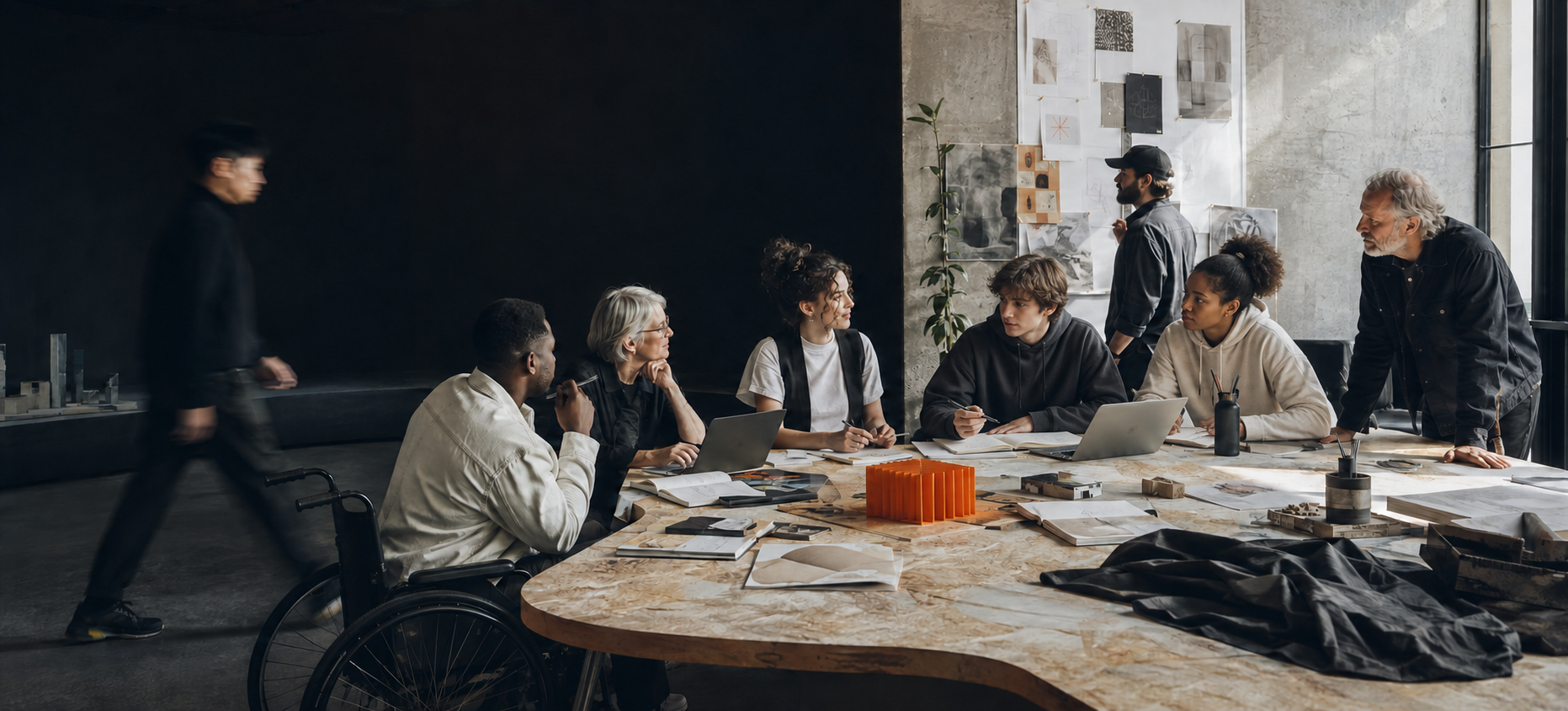 A diverse group of professionals redesigning work together in a creative studio