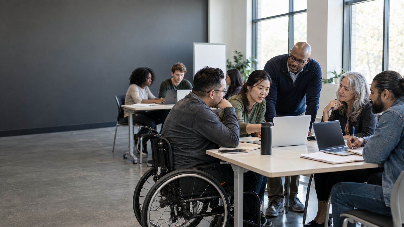Adult learners of different ages and backgrounds, including a wheelchair user, collaborating with a facilitator in a workforce development classroom
