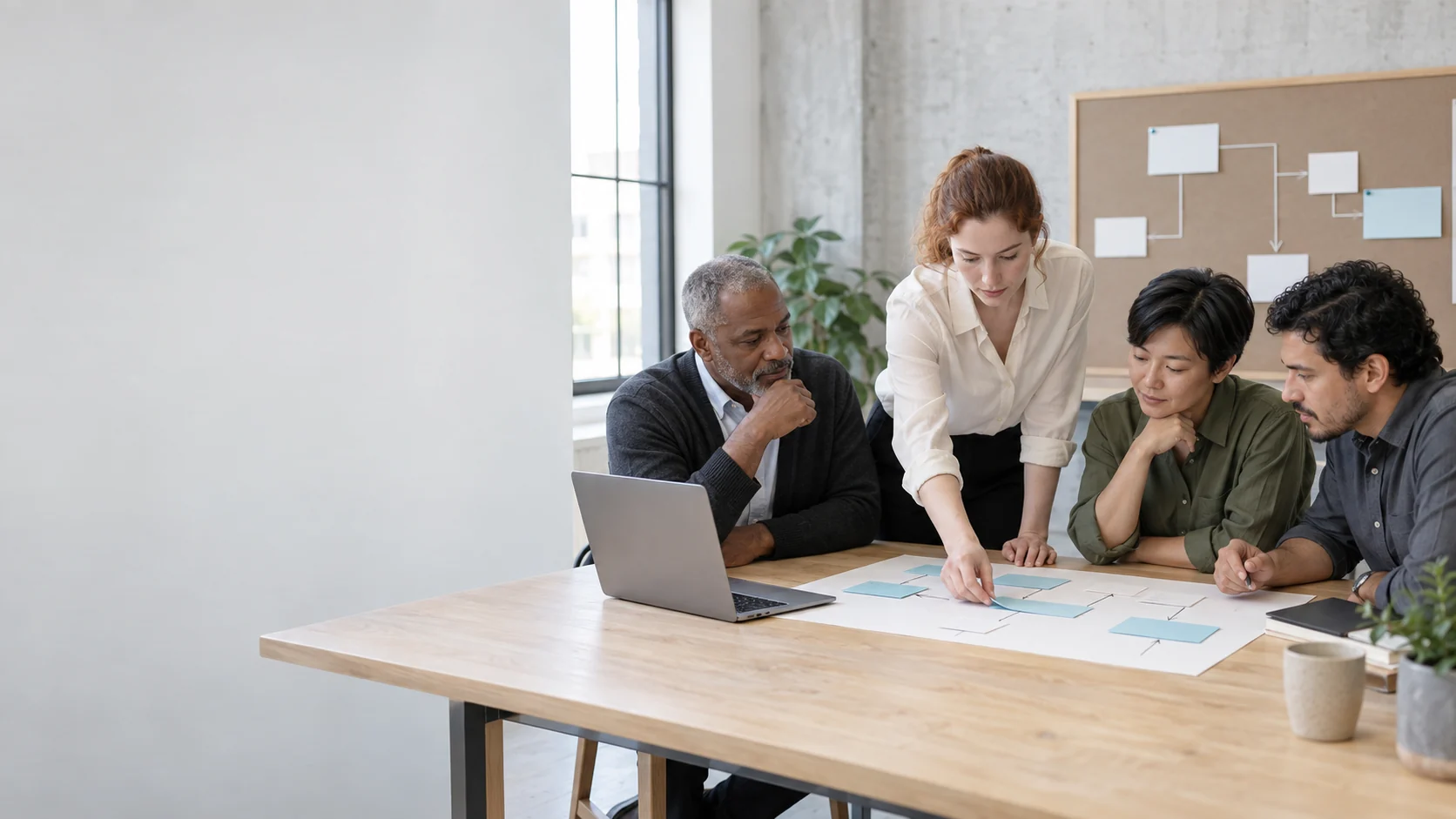 A diverse team maps the steps and handoffs of their work using process cards and a laptop.