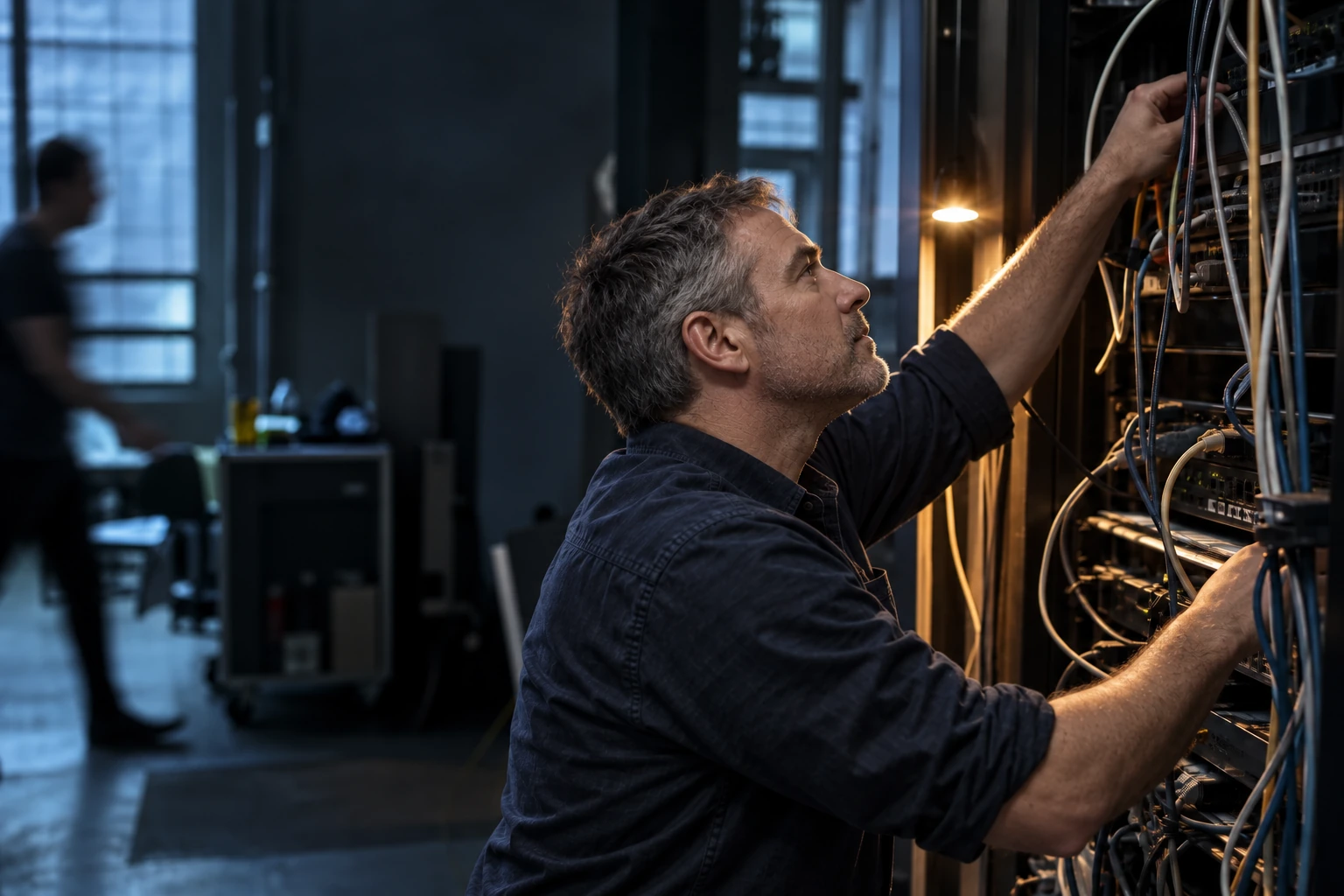 A male infrastructure specialist checks a network connection in an enterprise equipment room.