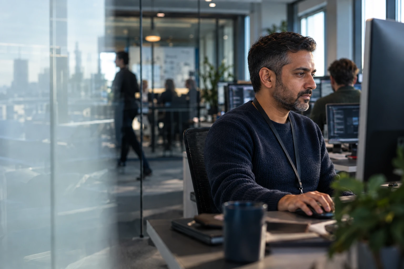 A male enterprise systems engineer concentrates at his workstation, seen through an office glass partition.