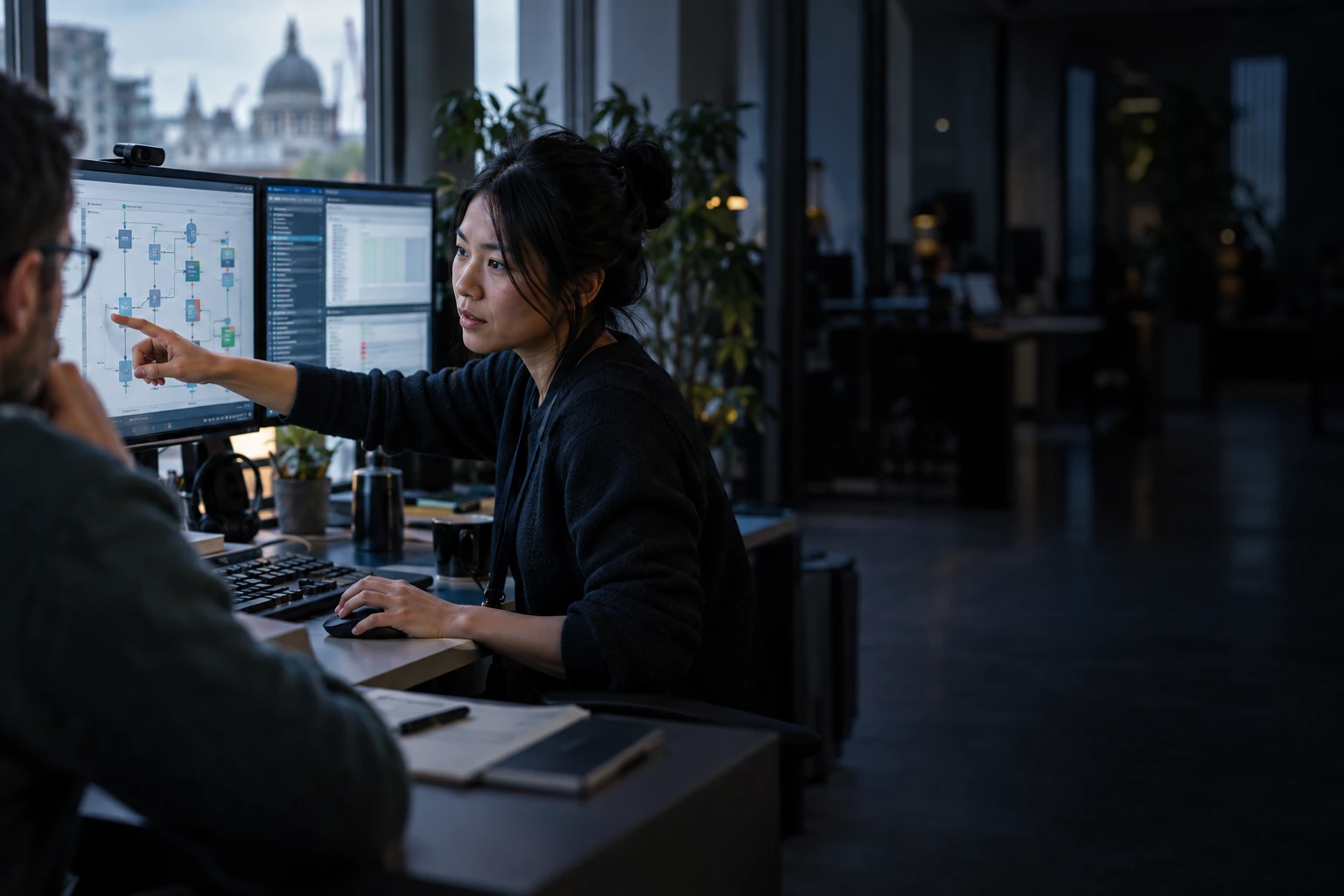 A systems architect compares a proposed change with the system architecture at two monitors.