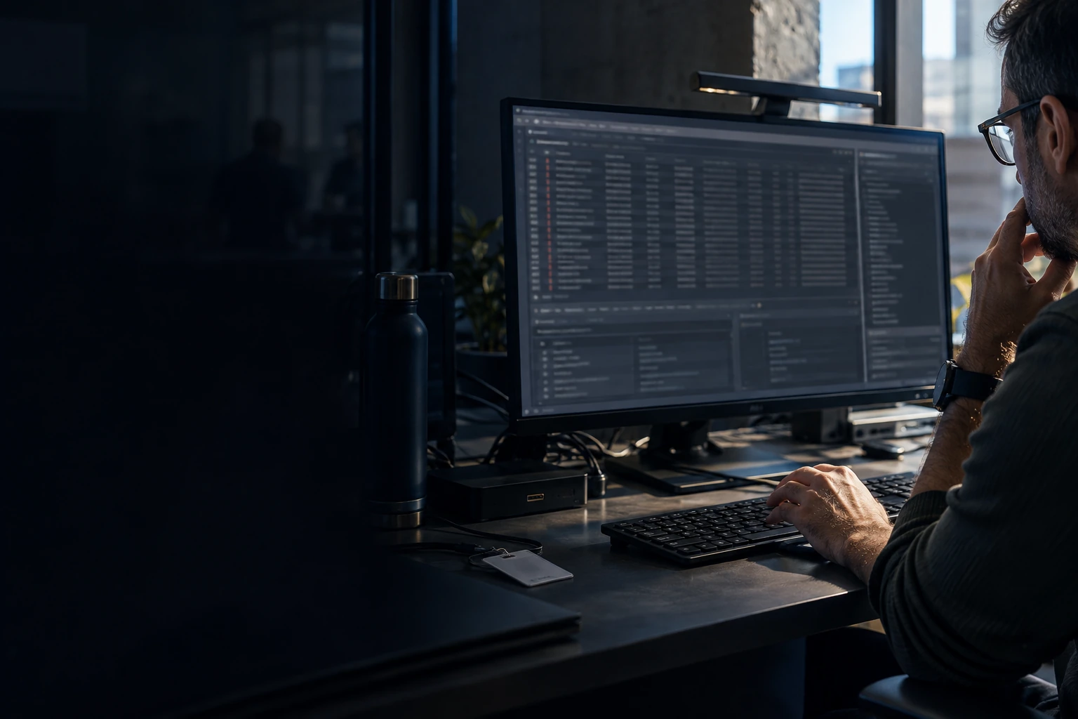 An IT analyst pauses at the keyboard while reviewing sensitive incident data.