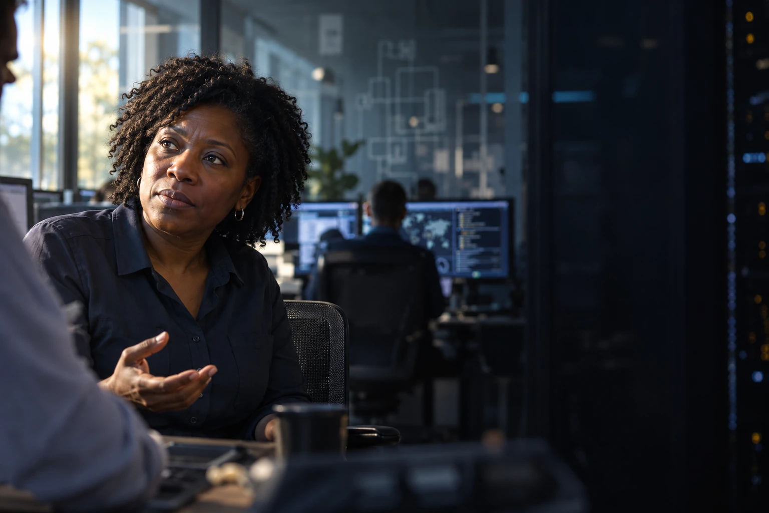 An IT service leader listens during a technical review beside an enterprise systems dashboard.