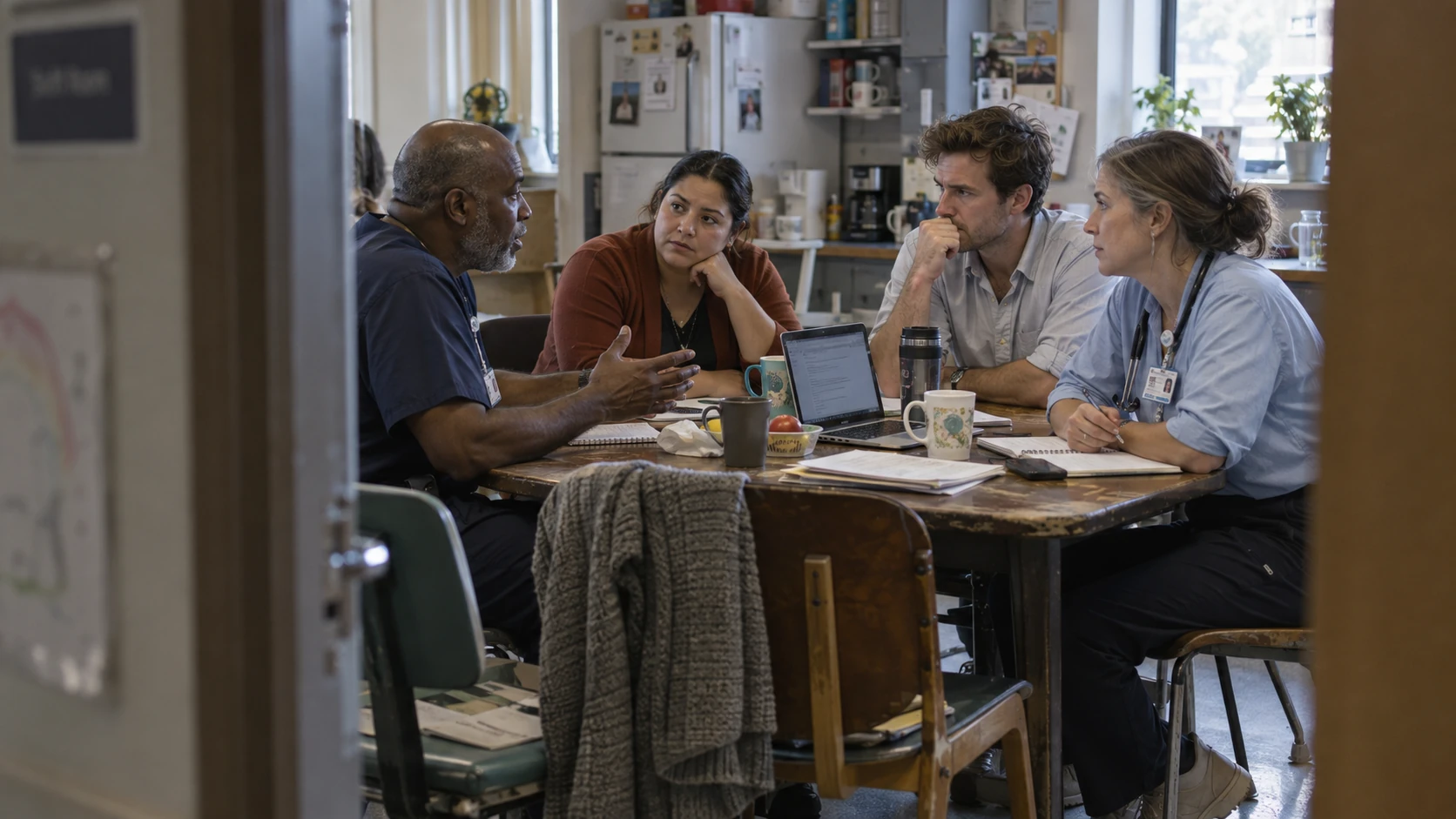Clinical and administrative colleagues work through referral handoffs around a staff-room table