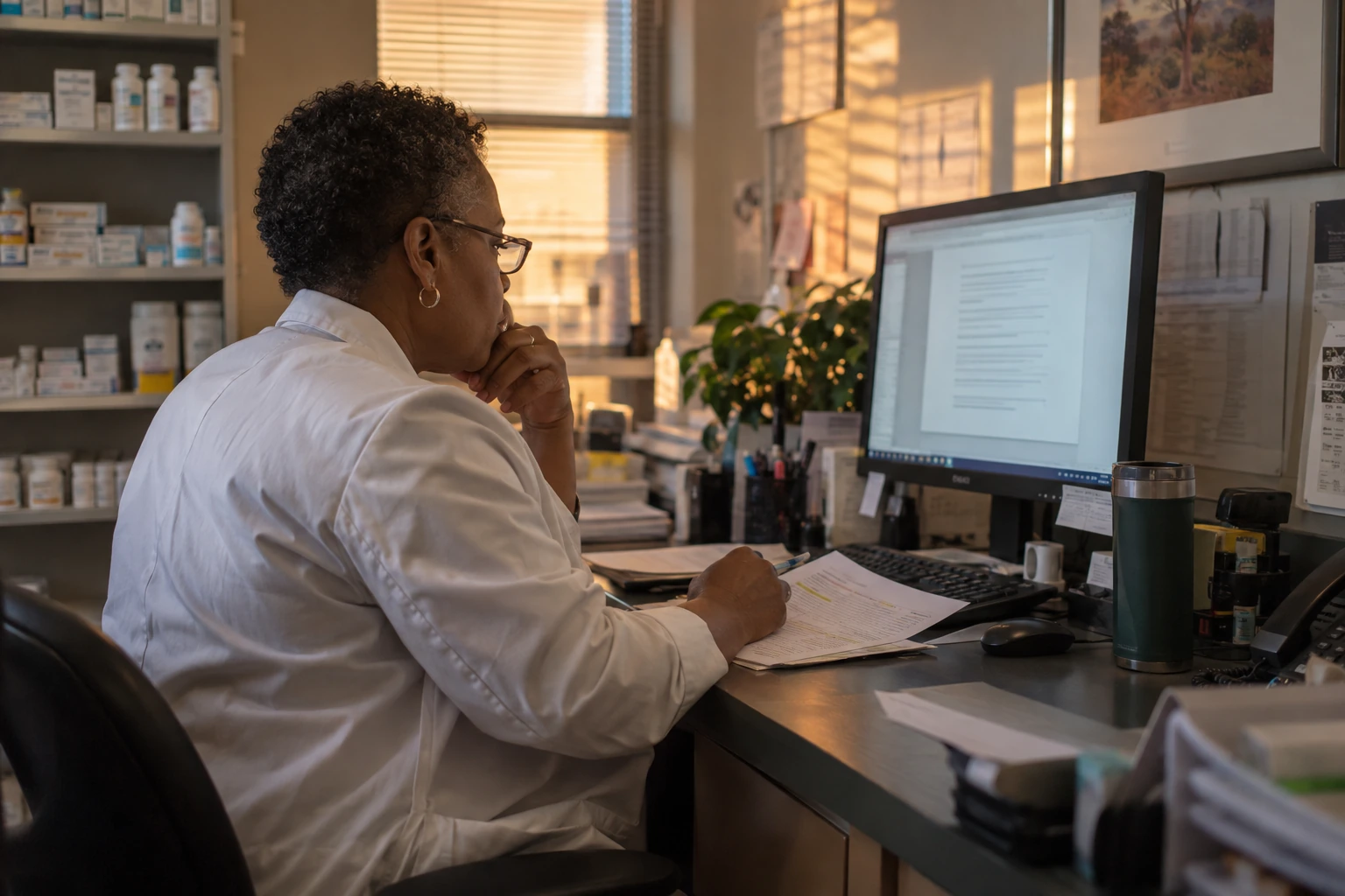 A hospital pharmacist reviews a draft alongside source material before approving its use