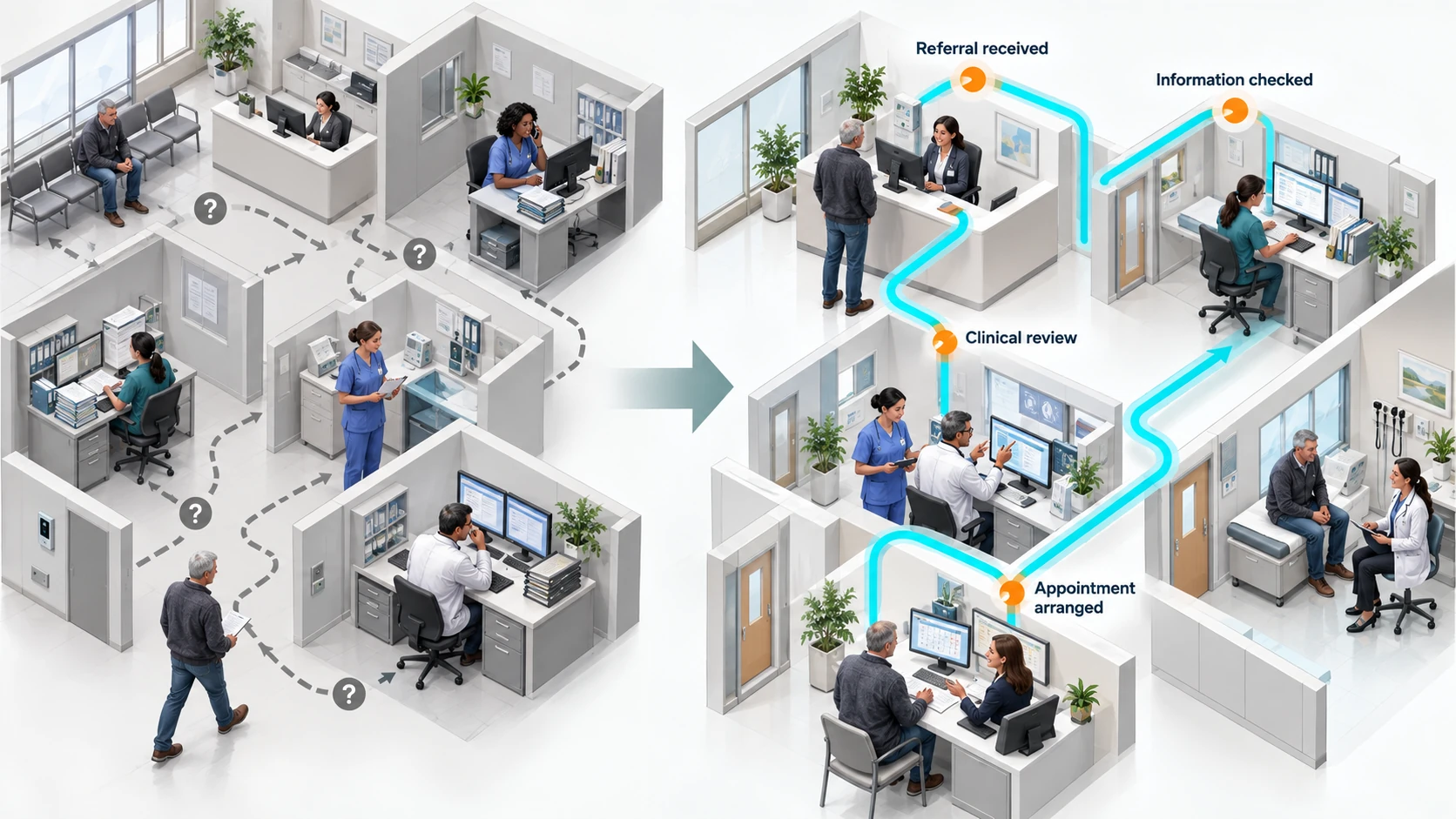 A healthcare referral journey moves from disconnected work between reception, records, clinical review and scheduling to coordinated steps with human checkpoints