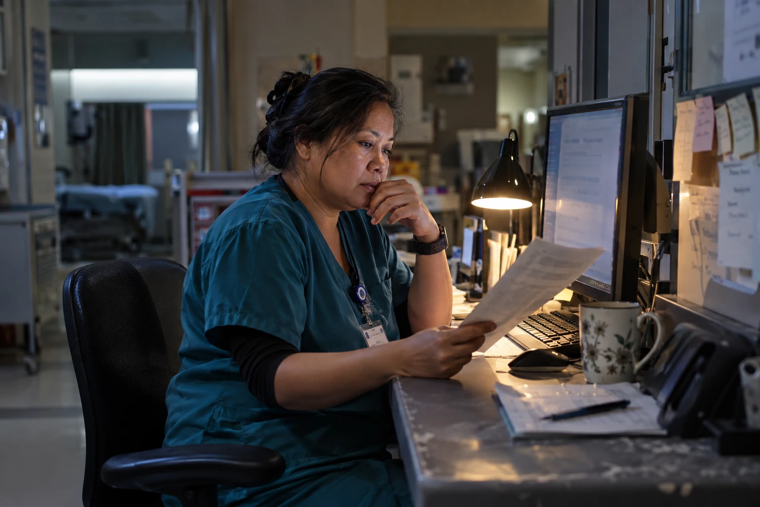A nurse on an evening shift checks a handoff draft against source information at her workstation