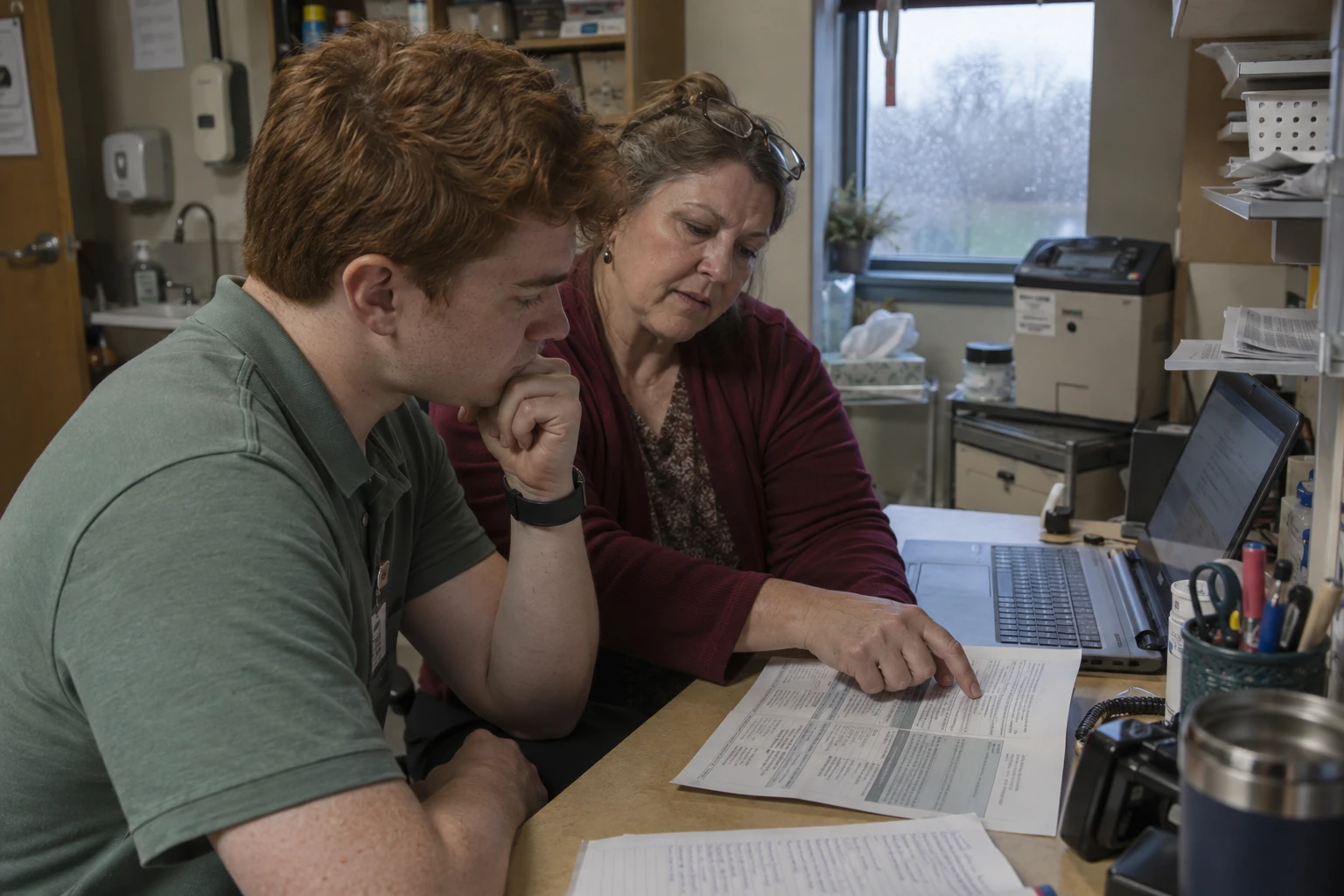 A medical assistant practices a task with a clinic manager using a laptop and a printed procedure