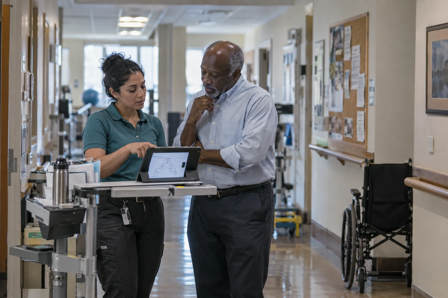 A physical therapist and patient-access coordinator discuss the next steps in a referral in a rehabilitation corridor
