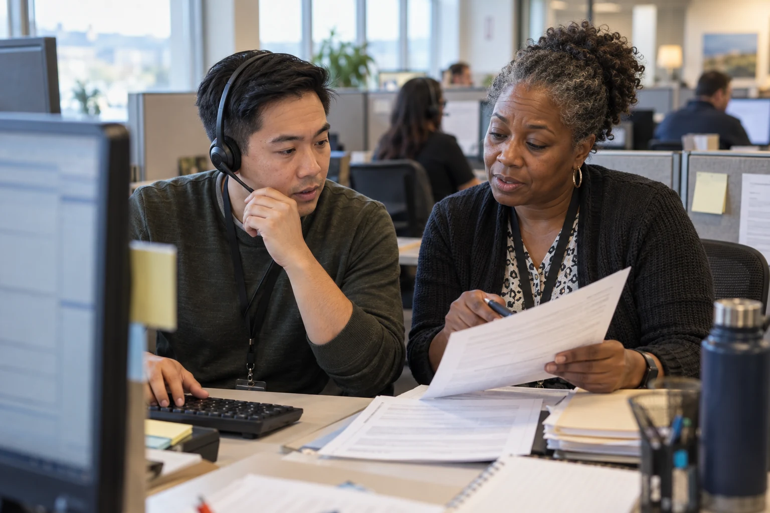 An insurance service colleague wearing a headset reviews policy details with an experienced teammate