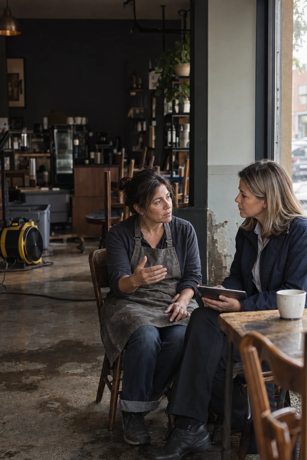 An insurance claims adjuster listens to a small-business owner in a cafe being repaired after water damage