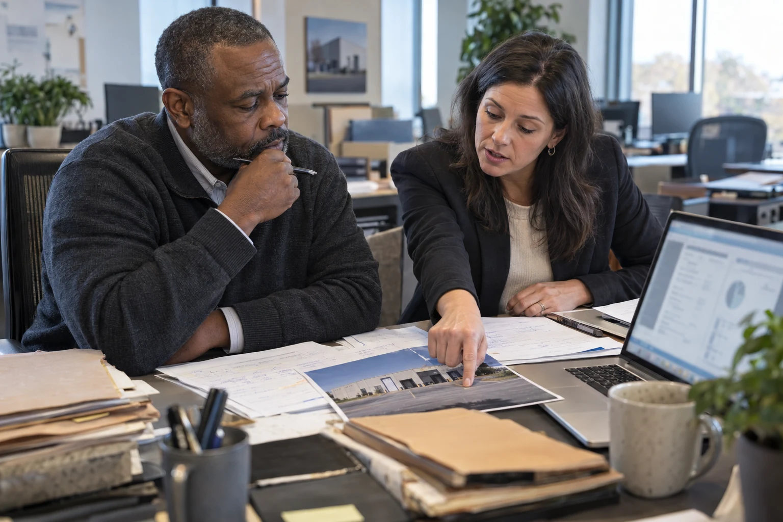 Commercial insurance colleagues check a property risk file, source documents and a warehouse photograph alongside a laptop