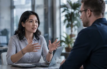 A fictional customer and adviser discuss a task around a laptop