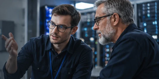 Two fictional technology advisers discuss work at a shared workstation
