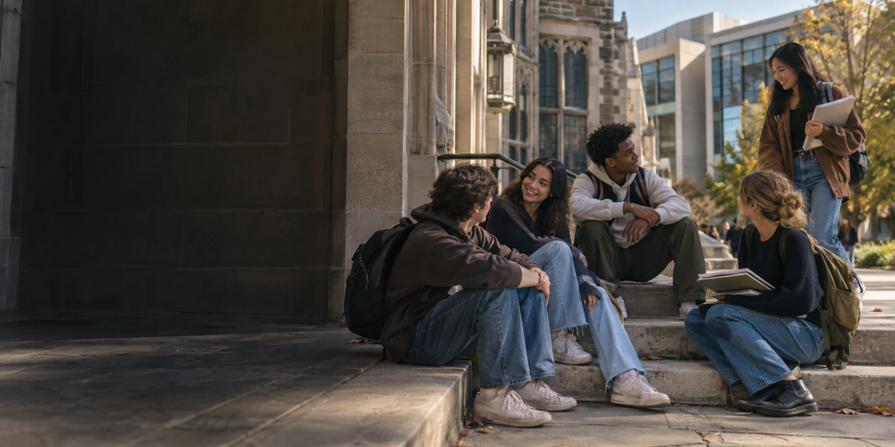 Illustrative candid scene of college-age students talking between classes on campus steps