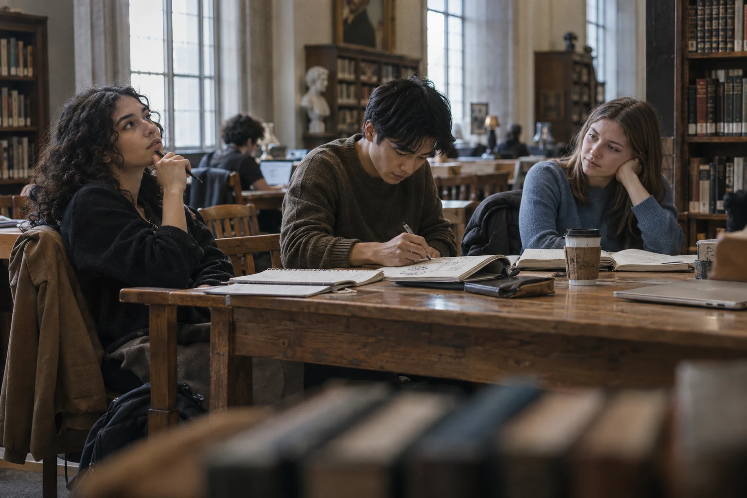 Illustrative candid scene of three college-age students thinking, writing, and listening in a well-used university library