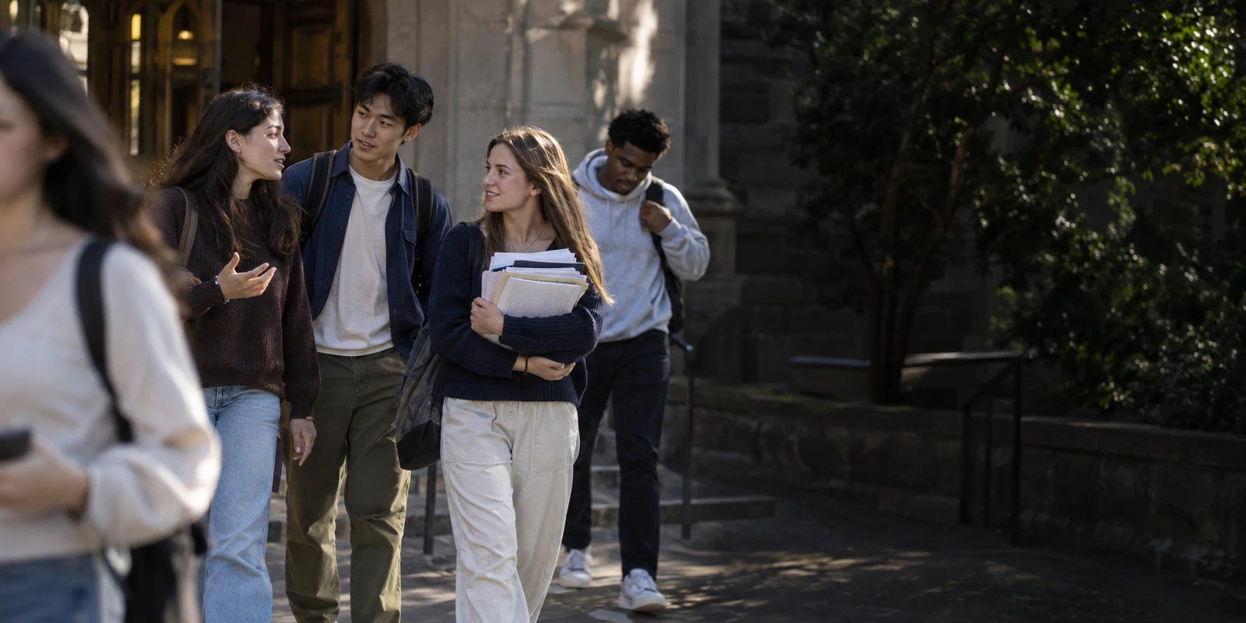 Illustrative candid scene of college-age students continuing a conversation as they leave a campus building