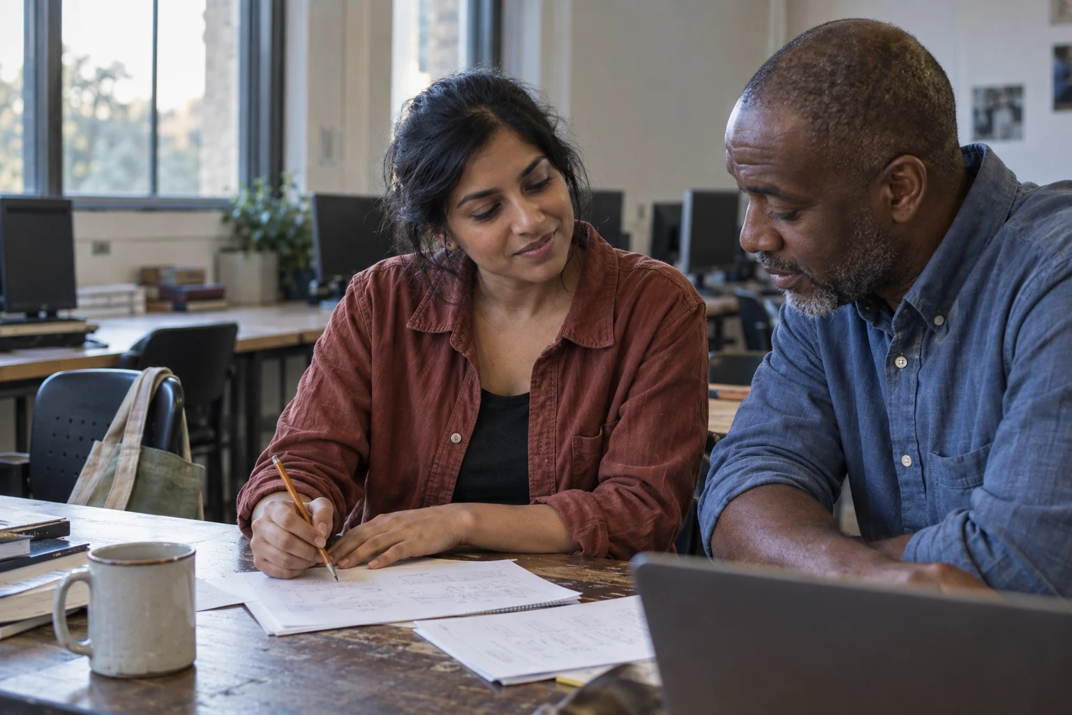 Two colleagues thinking through their work together in a college workforce lab.