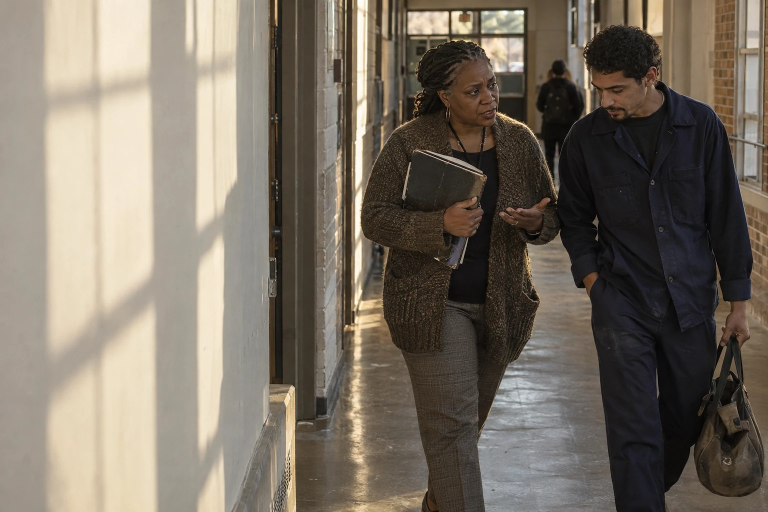 A college colleague and a learner sharing a conversation as they walk through a campus corridor.