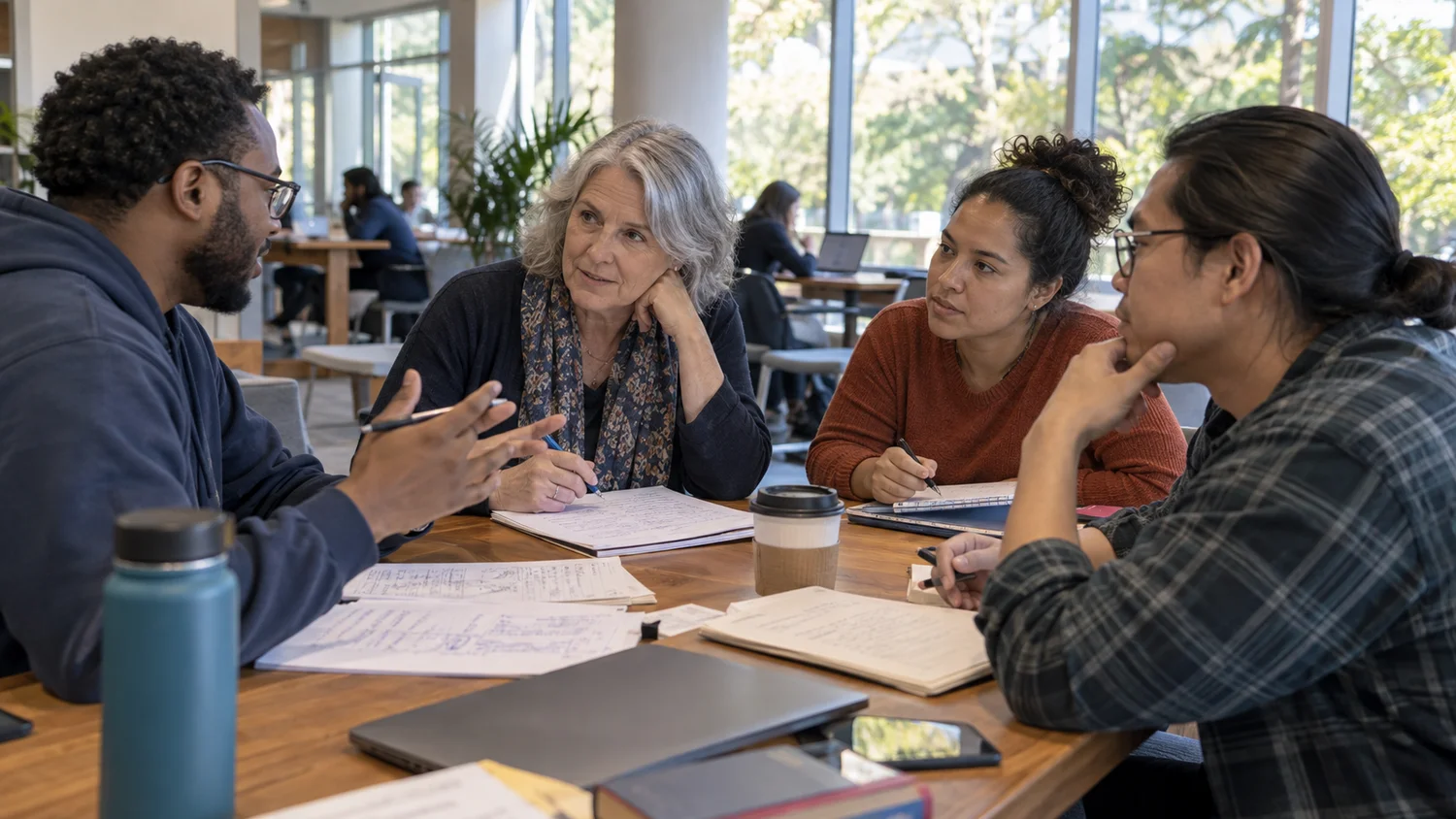 Adult learners and a faculty member discussing their work around a table in a campus commons.