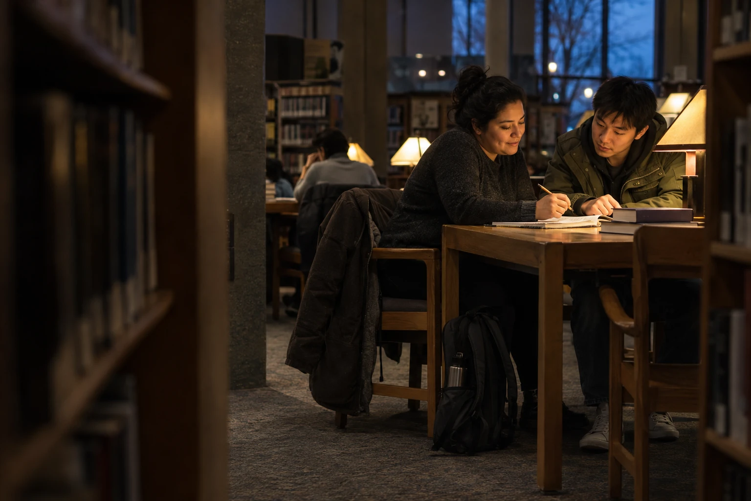 Two learners comparing notes at an evening study table in a college library.